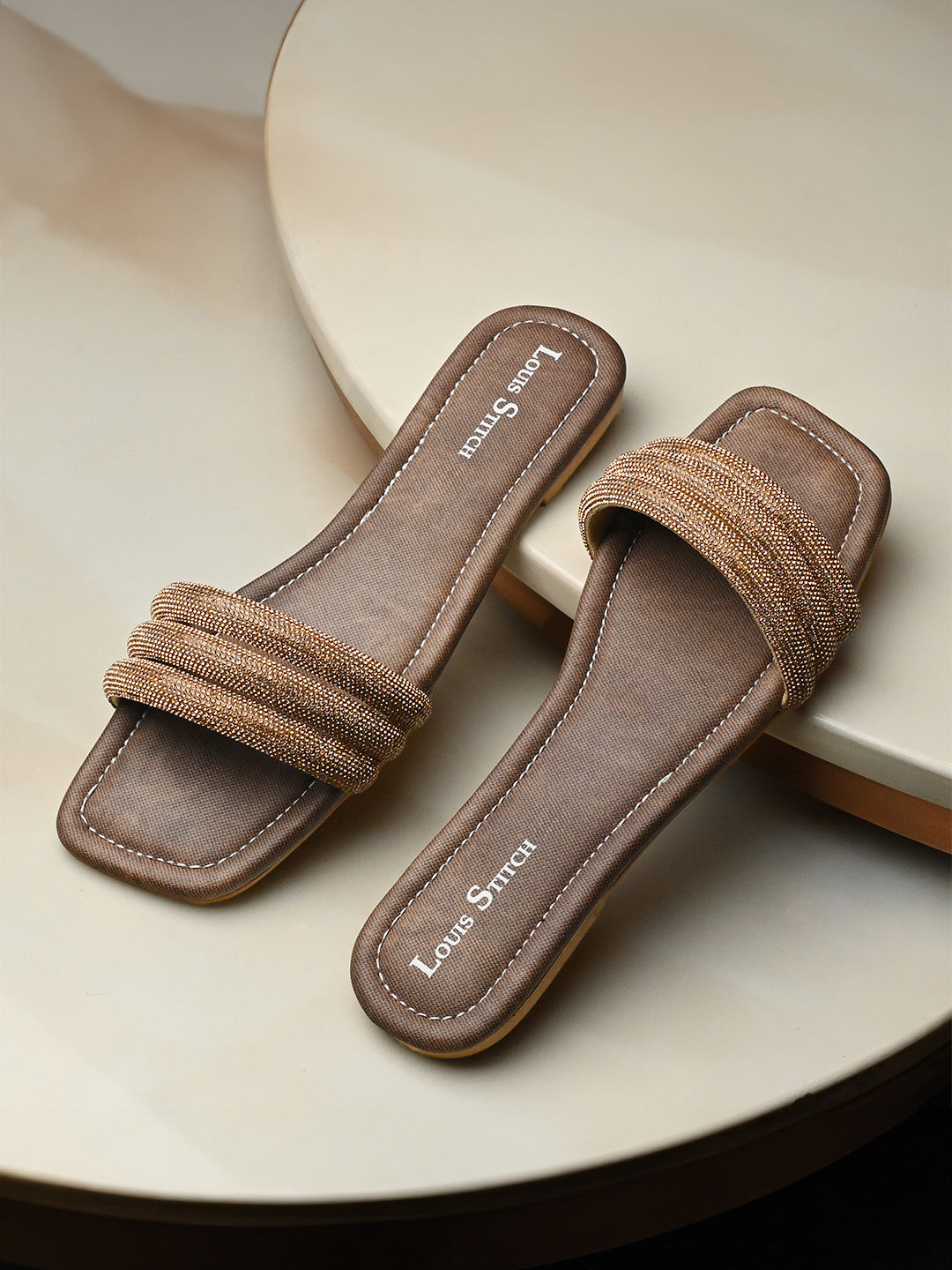 Women's Brown Shiny Strap Flat Heel Lightweight Sandals