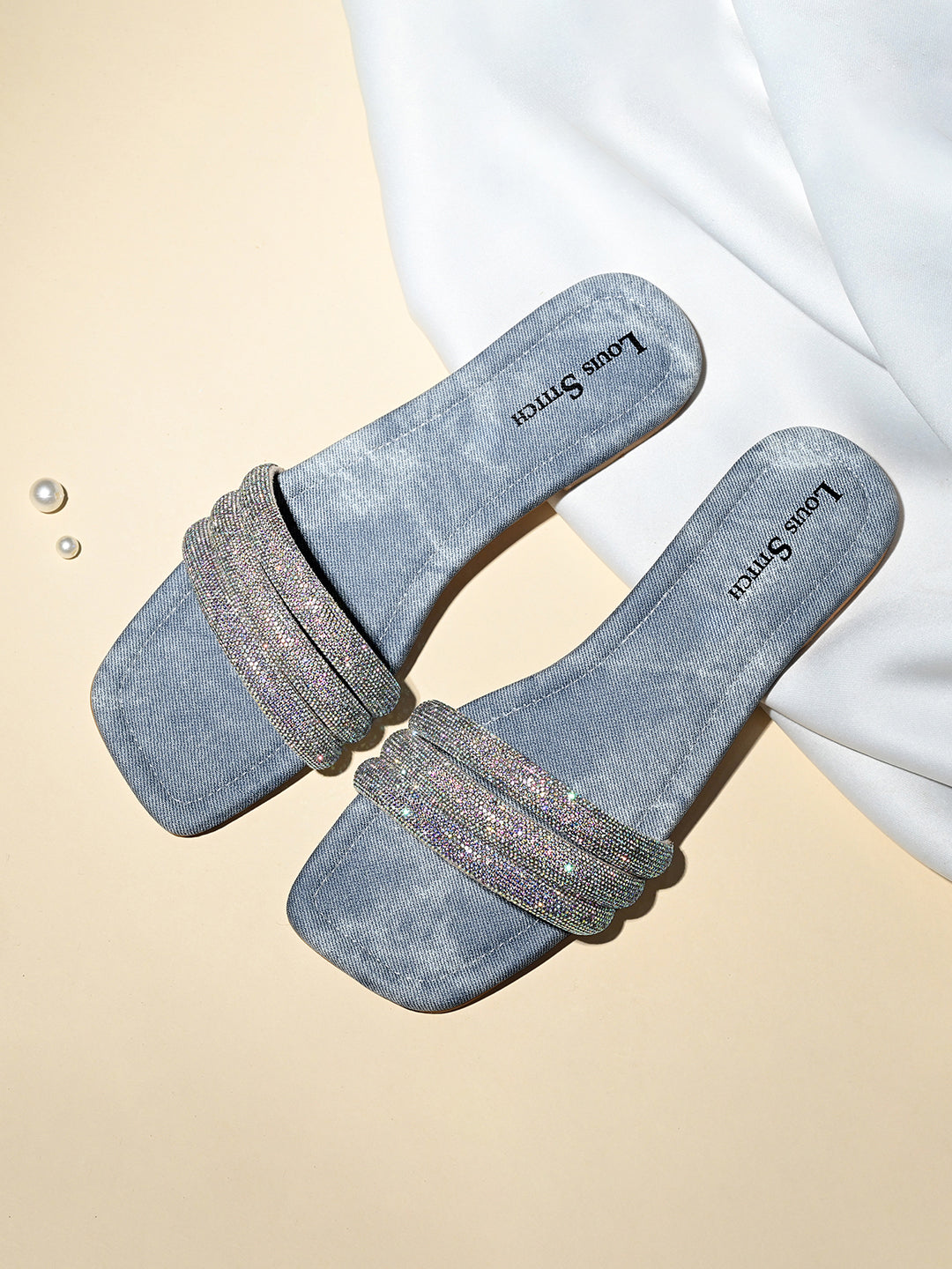 Women's Blue Shiny Strap Flat Heel Lightweight Sandals