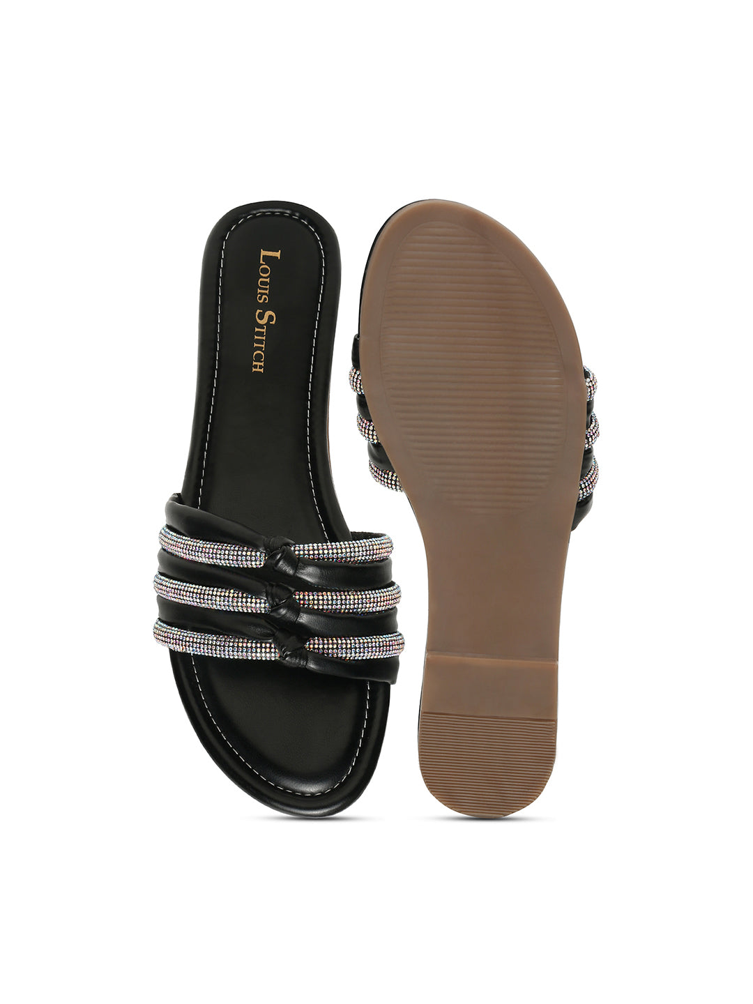 Women's Black Open Toe Glitter Strap Lightweight Sandals