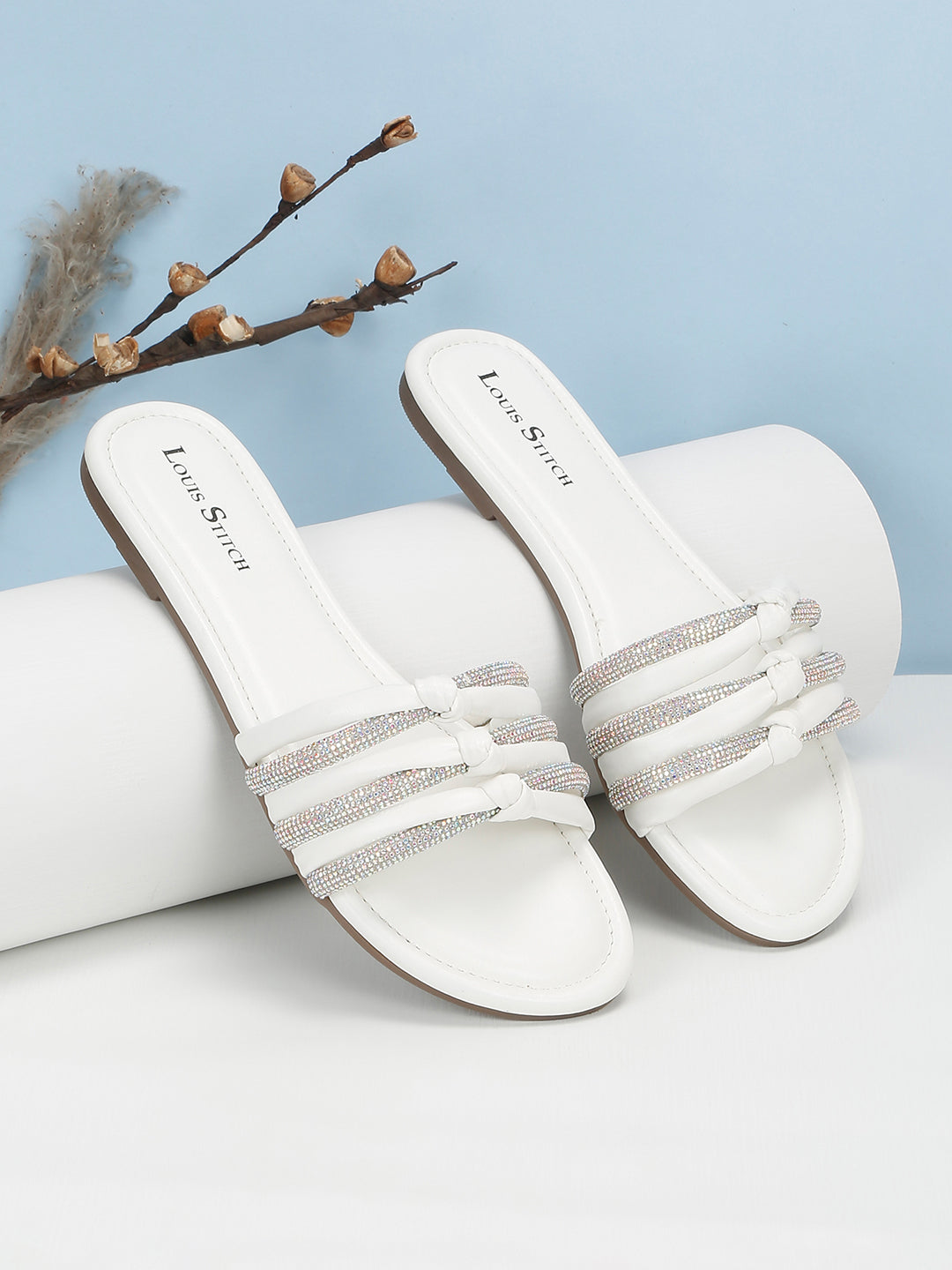 Women's White Open Toe Glitter Strap Lightweight Sandals