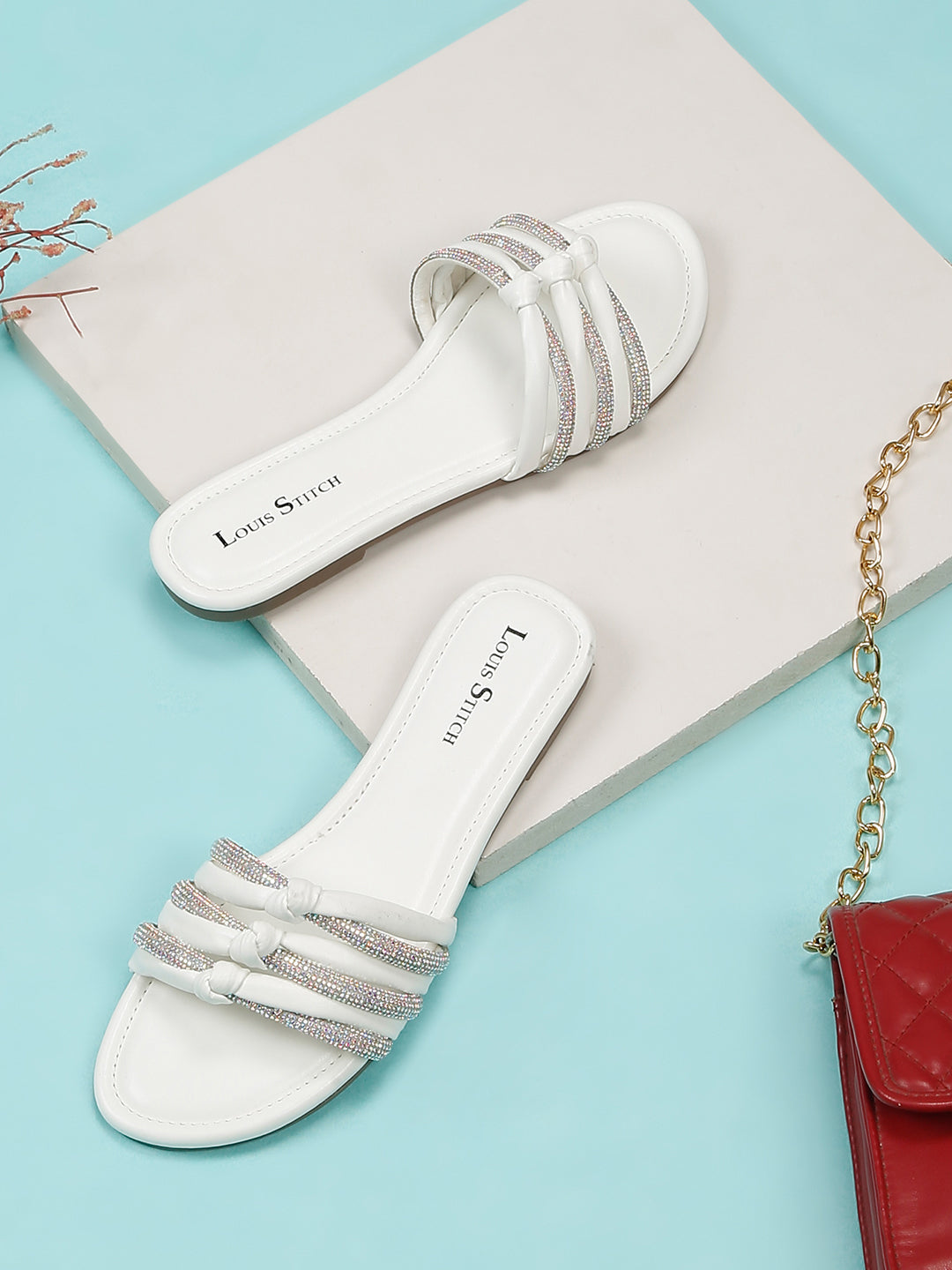 Women's White Open Toe Glitter Strap Lightweight Sandals