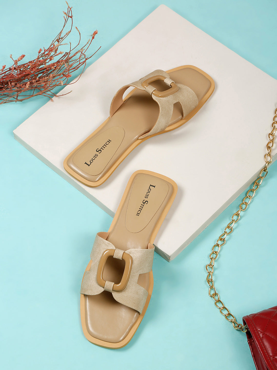 Women's Beige Flat Fashion Square Buckle Strap Lightweight Sandals