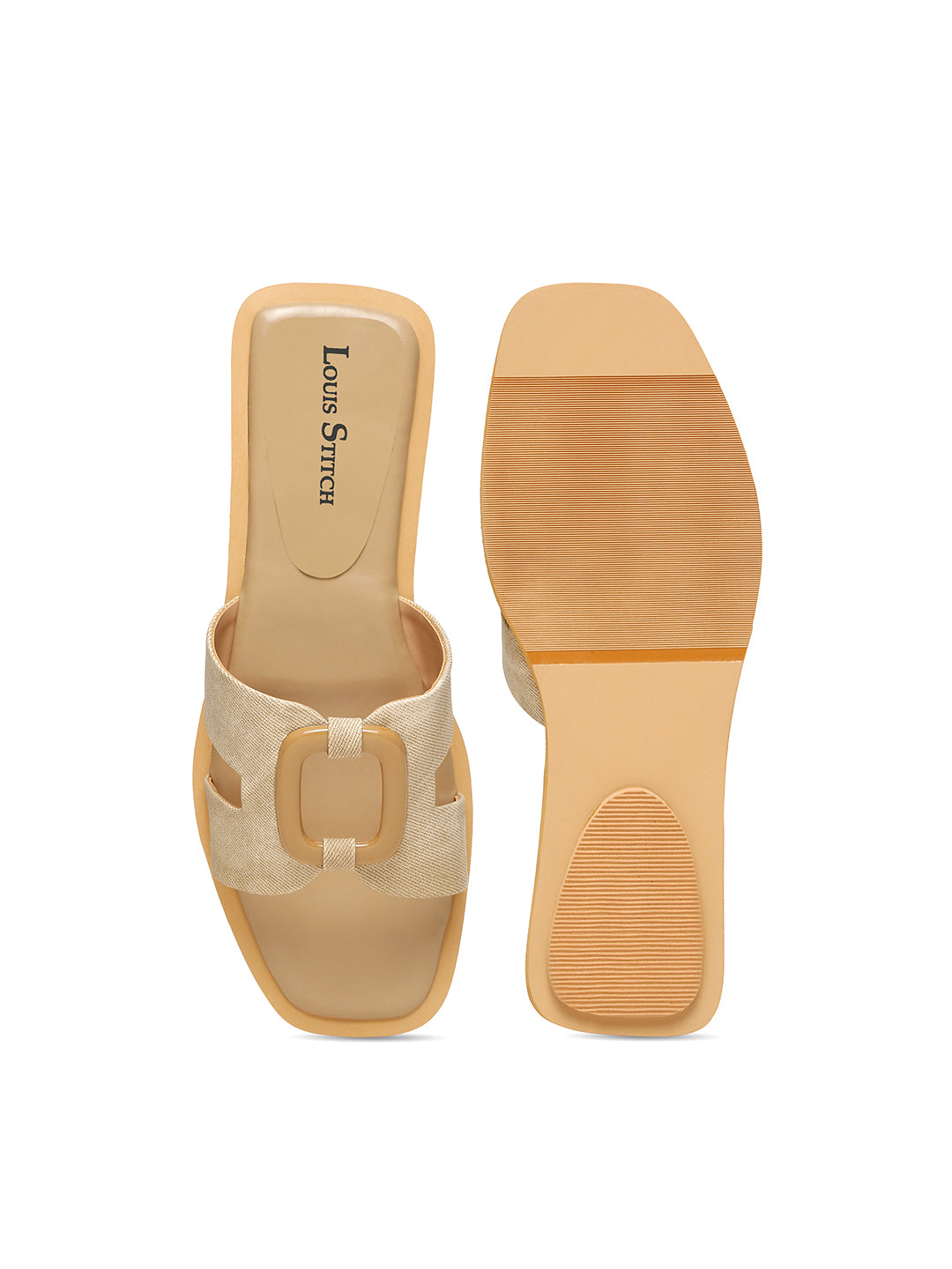 Women's Beige Flat Fashion Square Buckle Strap Lightweight Sandals