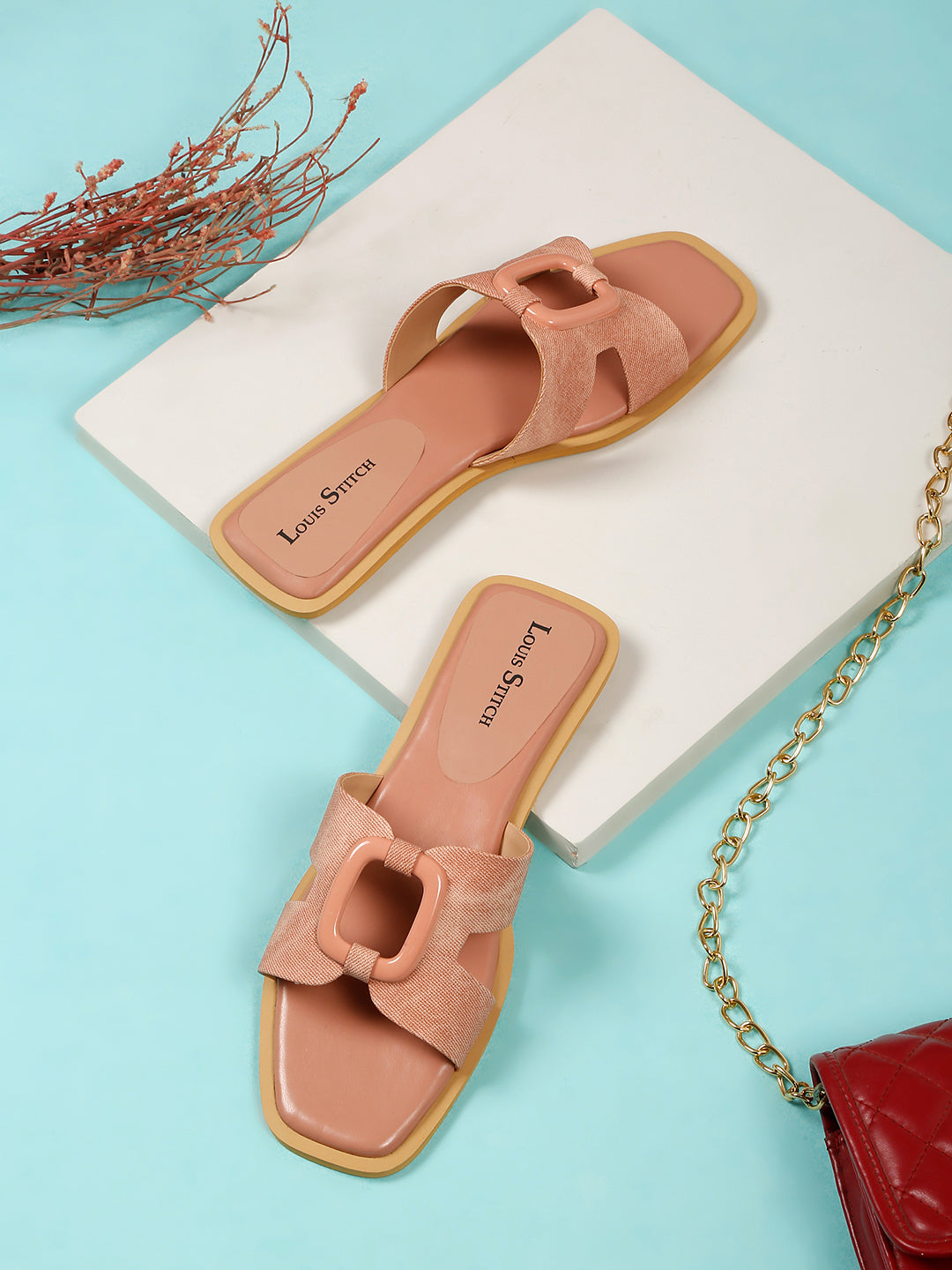 Women's Pink Flat Fashion Square Buckle Strap Lightweight Sandals
