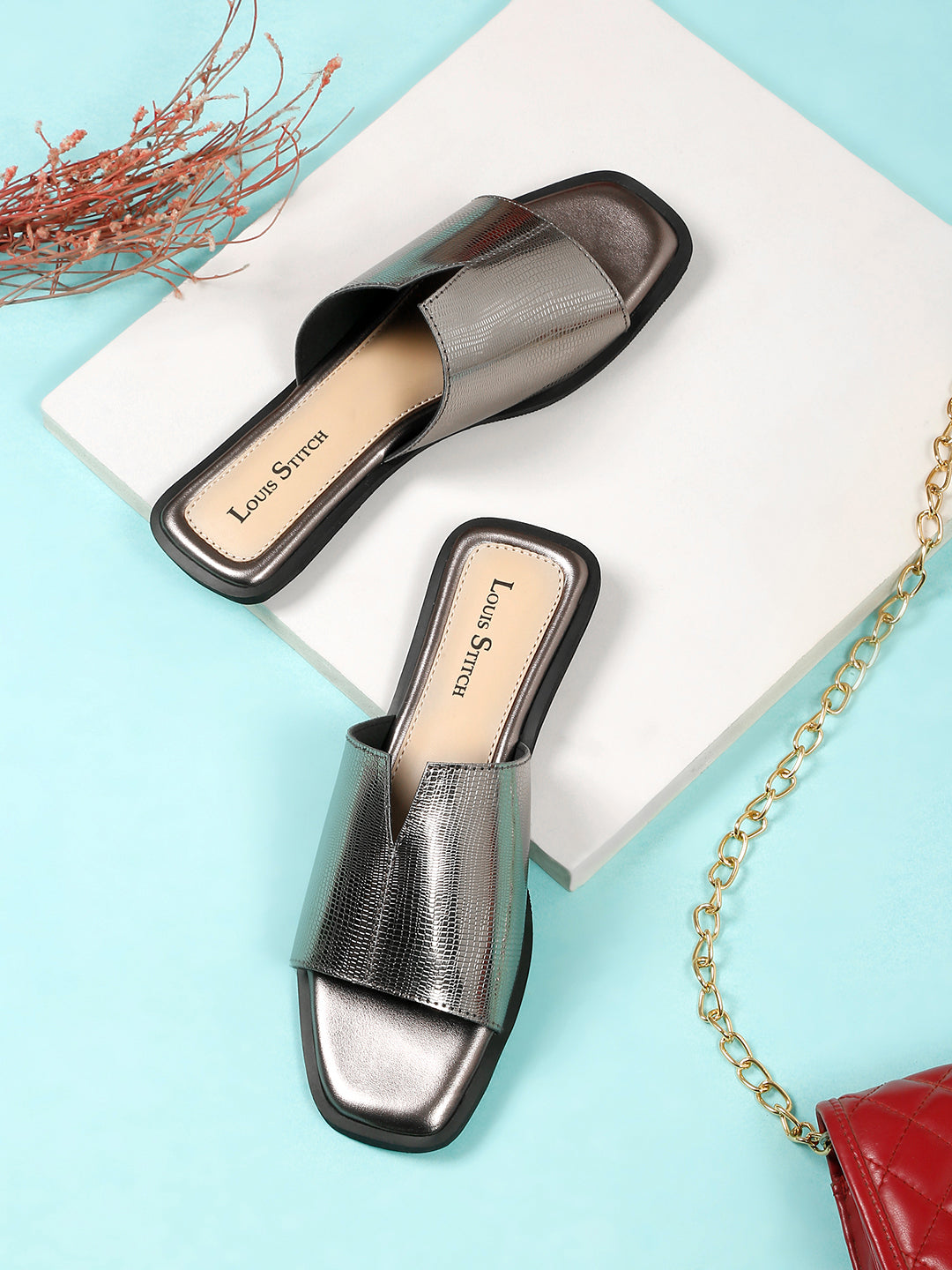 Women's Grey Flat Fashion Shiny Strap Lightweight Sandals