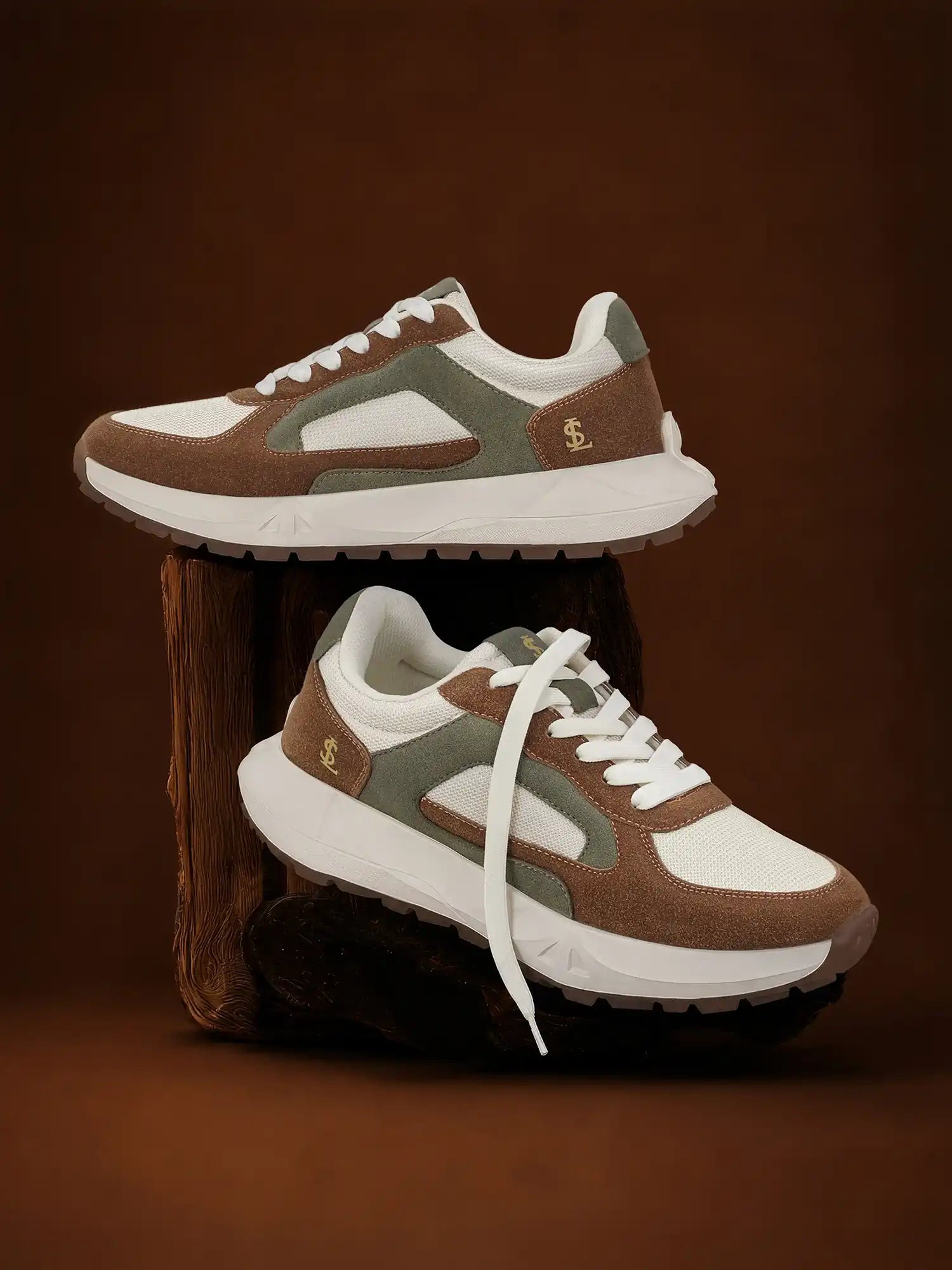 Green and Tan Lightweight Lace-Up Sneakers