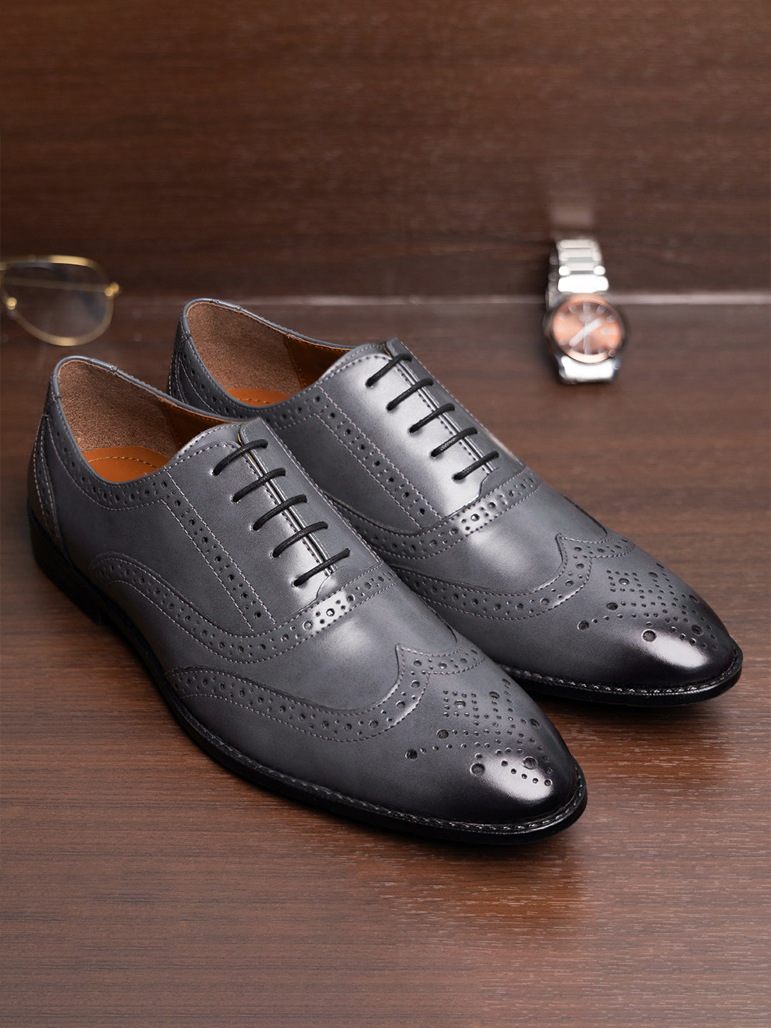 Ash Grey Wingtip Brogue Style Comfortable Formal Lace Up Shoes