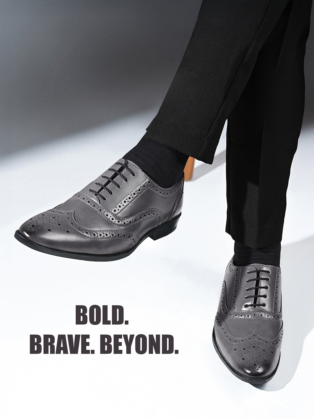 Ash Grey Wingtip Brogue Style Comfortable Formal Lace Up Shoes