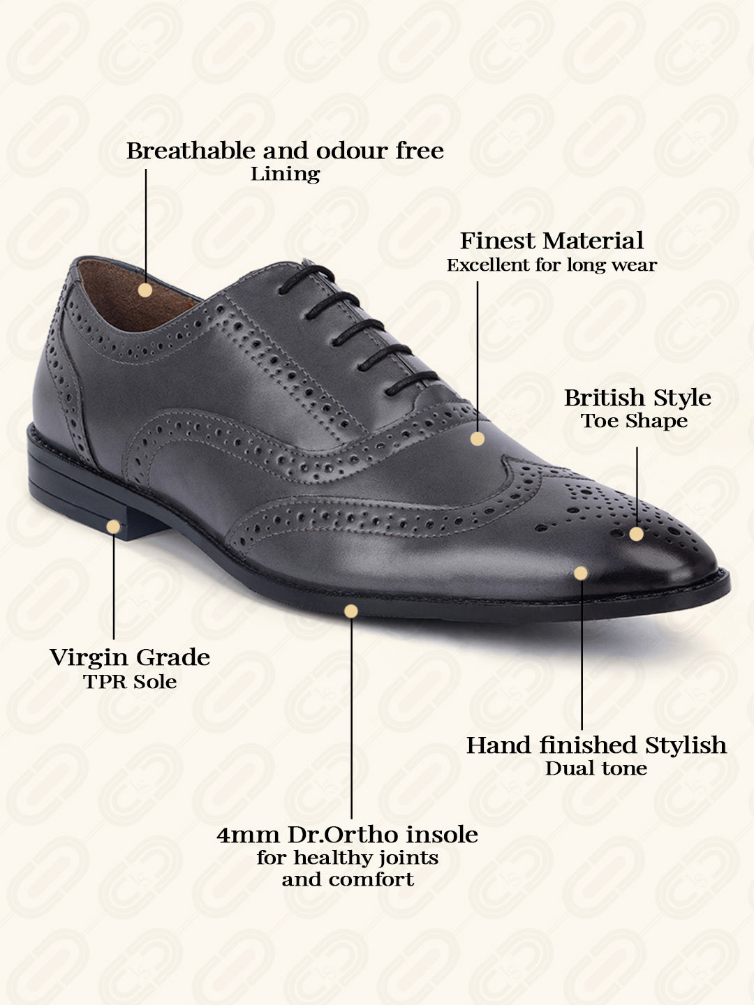 Ash Grey Wingtip Brogue Style Comfortable Formal Lace Up Shoes