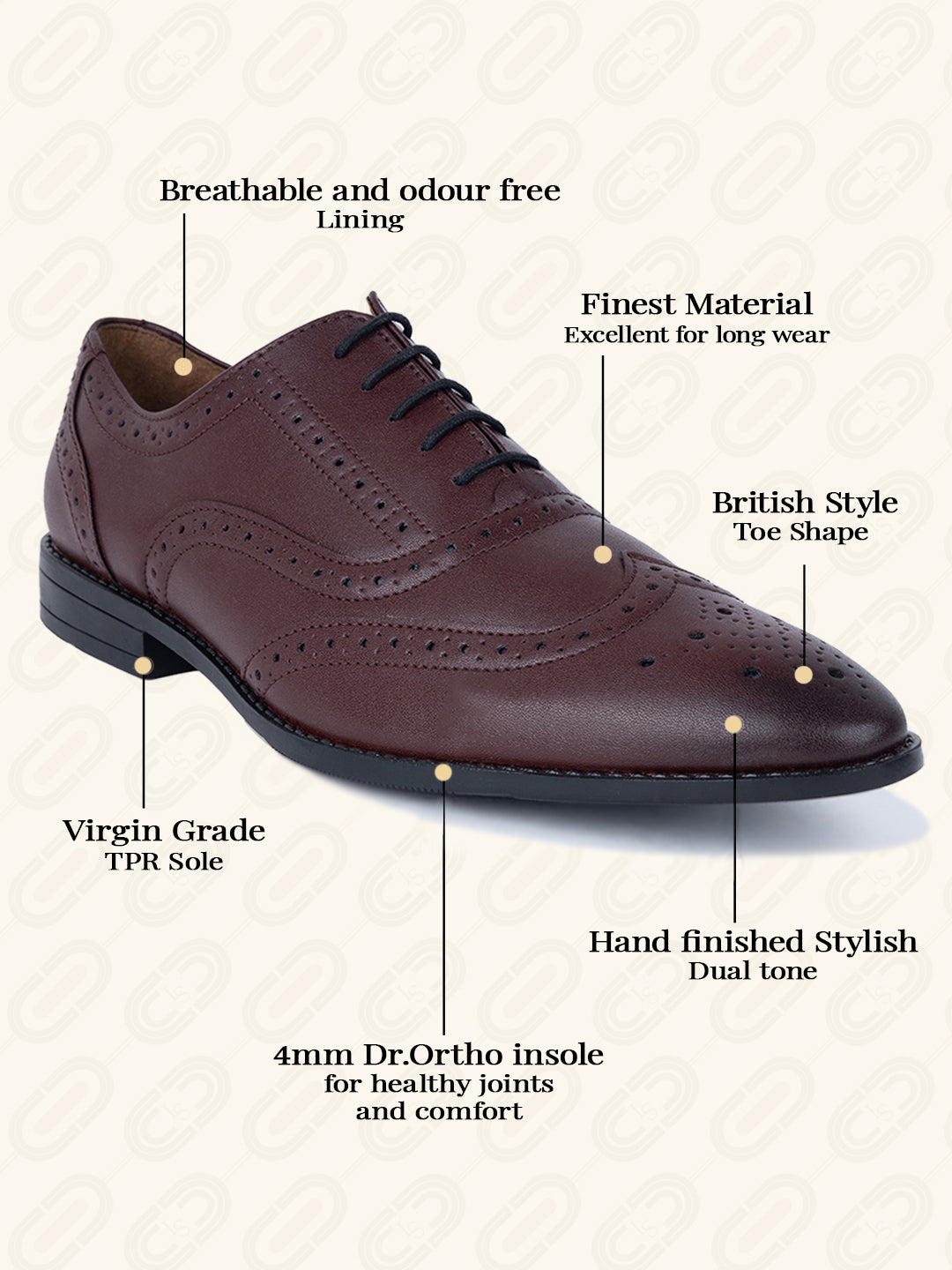 Rosewood Wingtip Brogue Style Comfortable Formal Lace Up Shoes