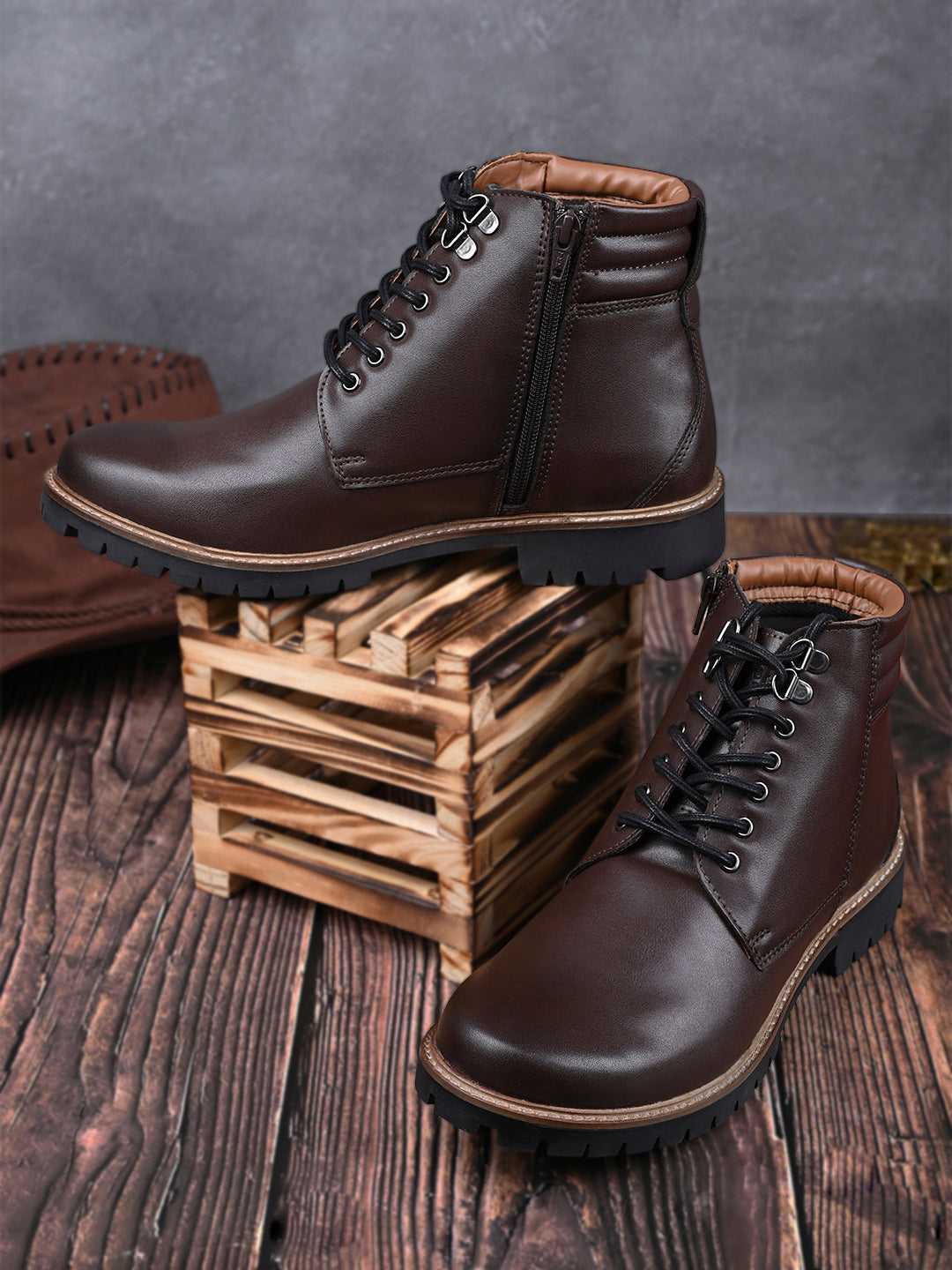 Brunette Brown Handcrafted Derby Lace Up Chain Boots