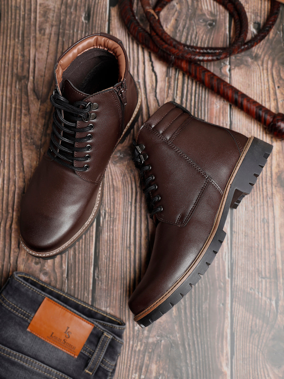 Brunette Brown Handcrafted Derby Lace Up Chain Boots