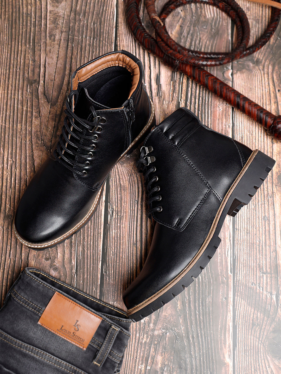 Jet Black Handcrafted Derby Lace Up Chain Boots