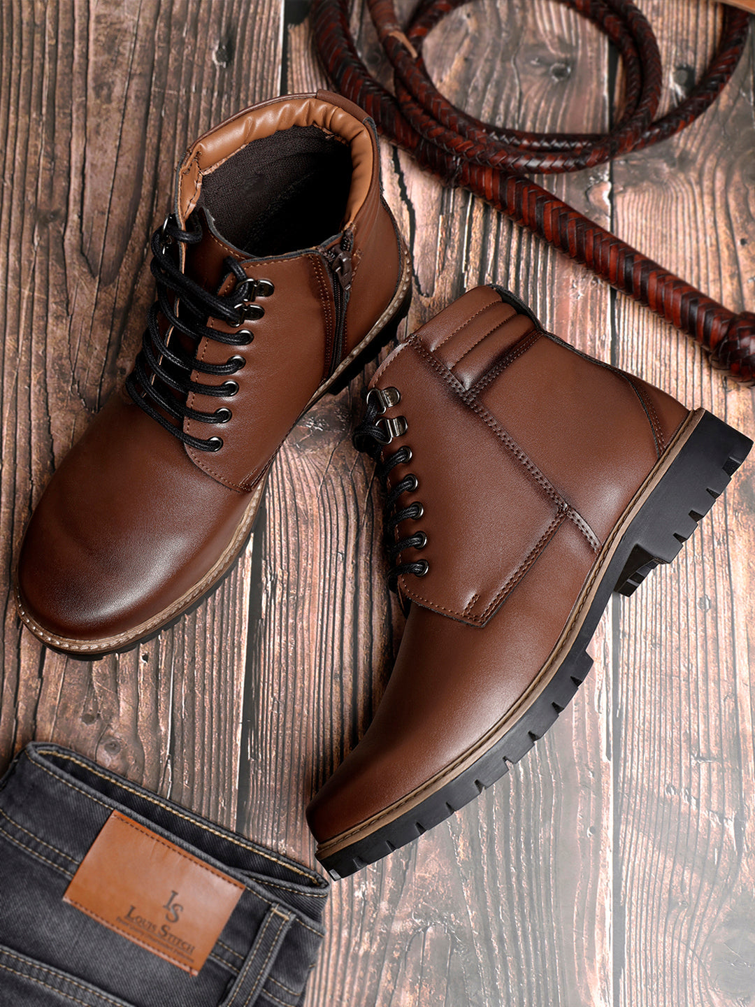 Tan Handcrafted Derby Lace Up Chain Boots