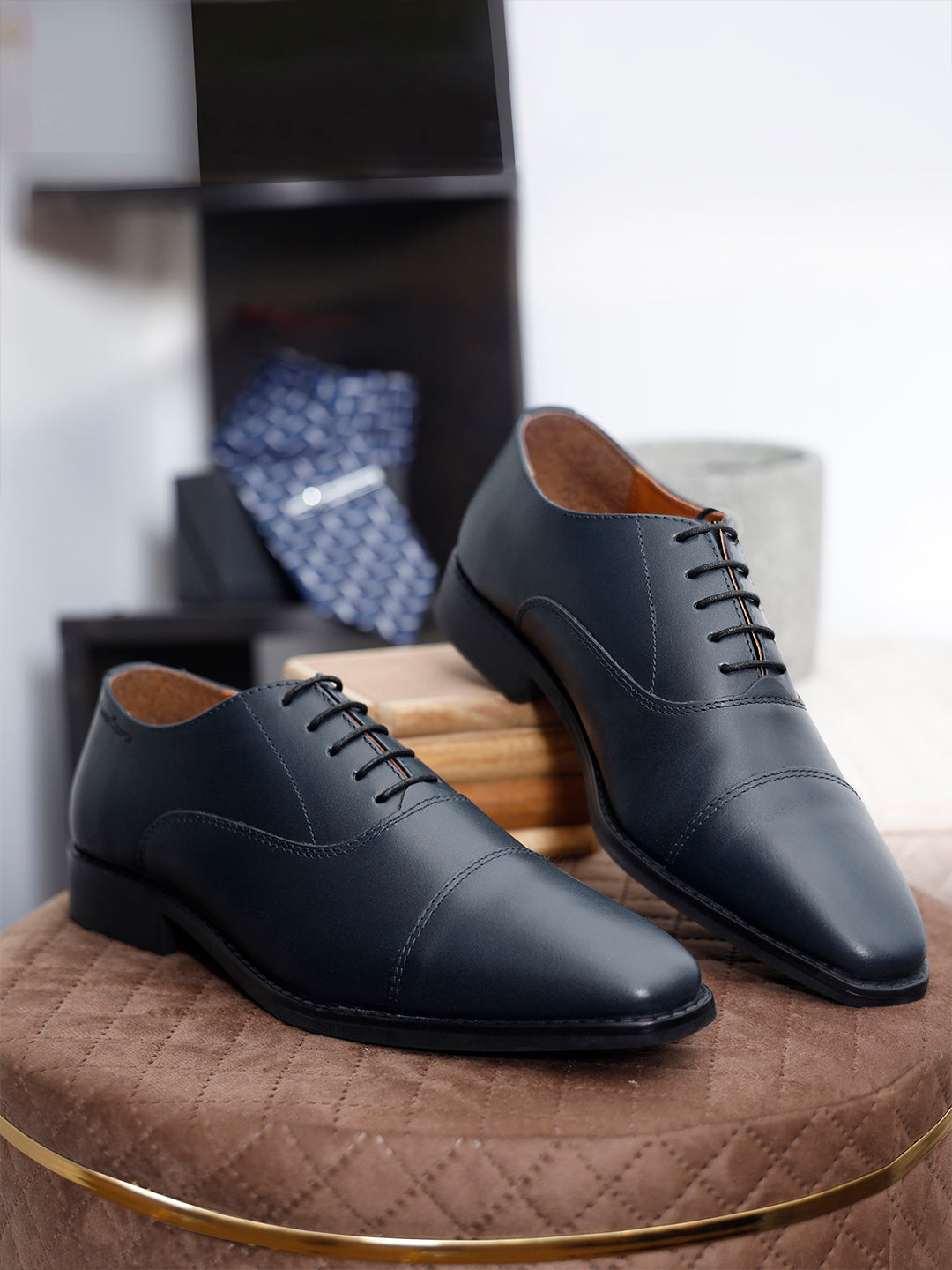 Prussian Blue Italian Leather Cap-Toe Shoes
