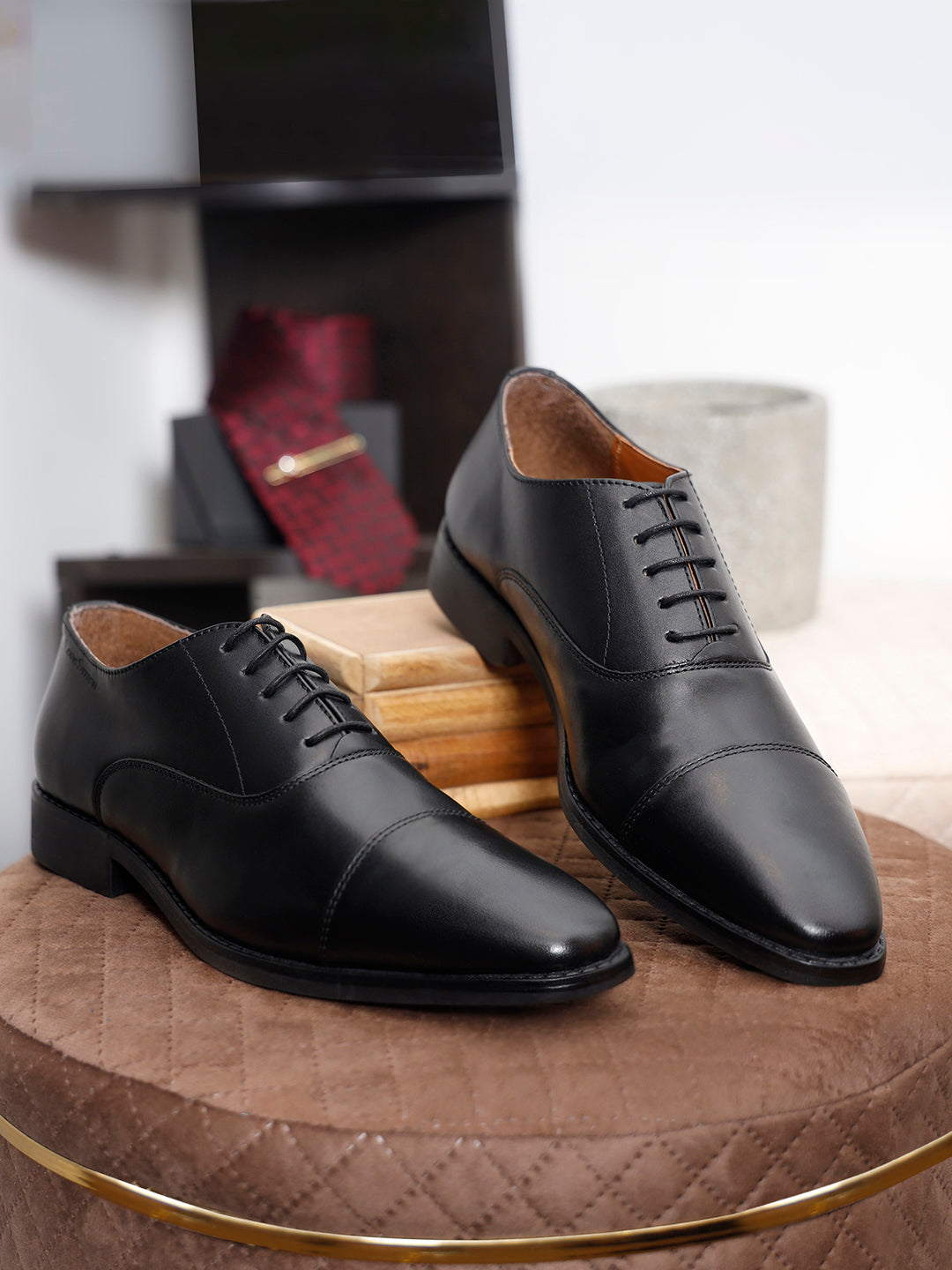 Jet Black Italian Leather Cap-Toe Shoes