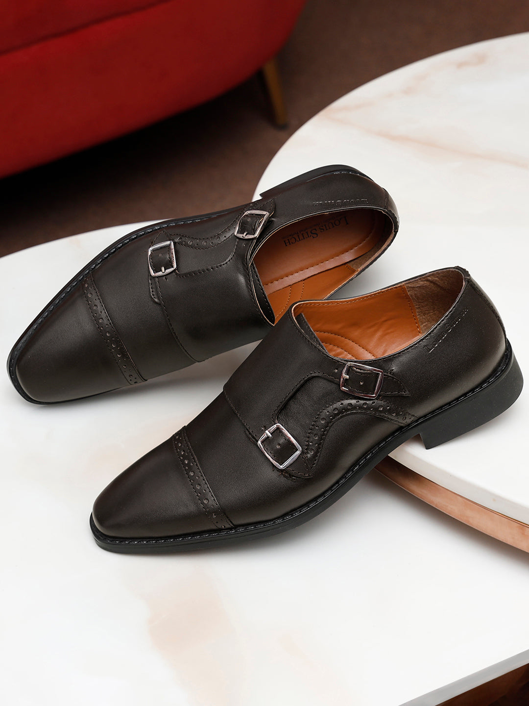 Brunette Brown Italian Leather Double Monk Strap Shoes