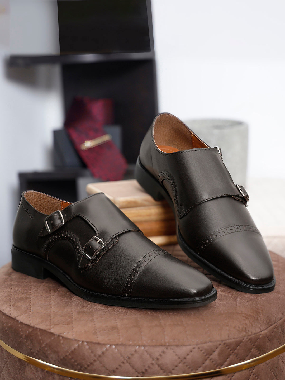 Brunette Brown Italian Leather Double Monk Strap Shoes