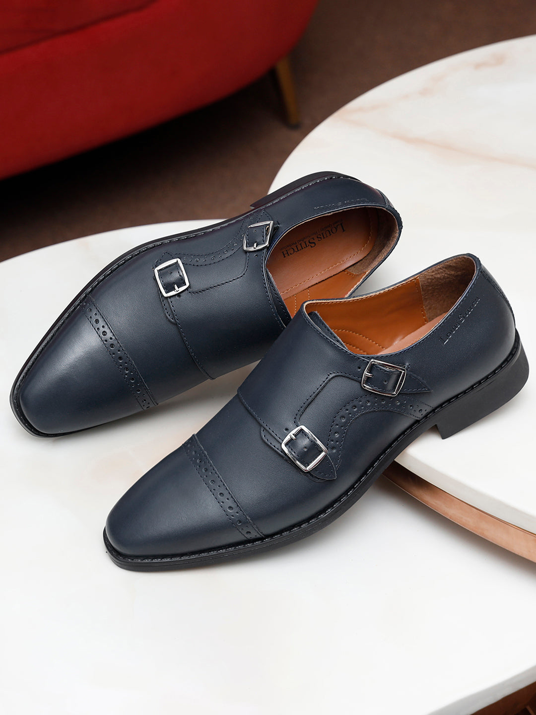 Prussian Blue Italian Leather Double Monk Strap Shoes