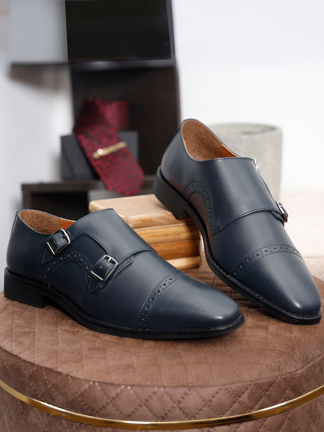 Prussian Blue Italian Leather Double Monk Strap Shoes