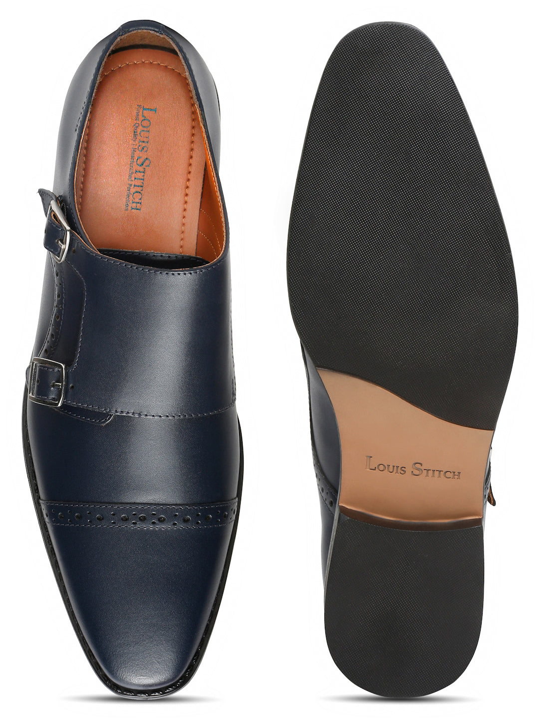Prussian Blue Italian Leather Double Monk Strap Shoes