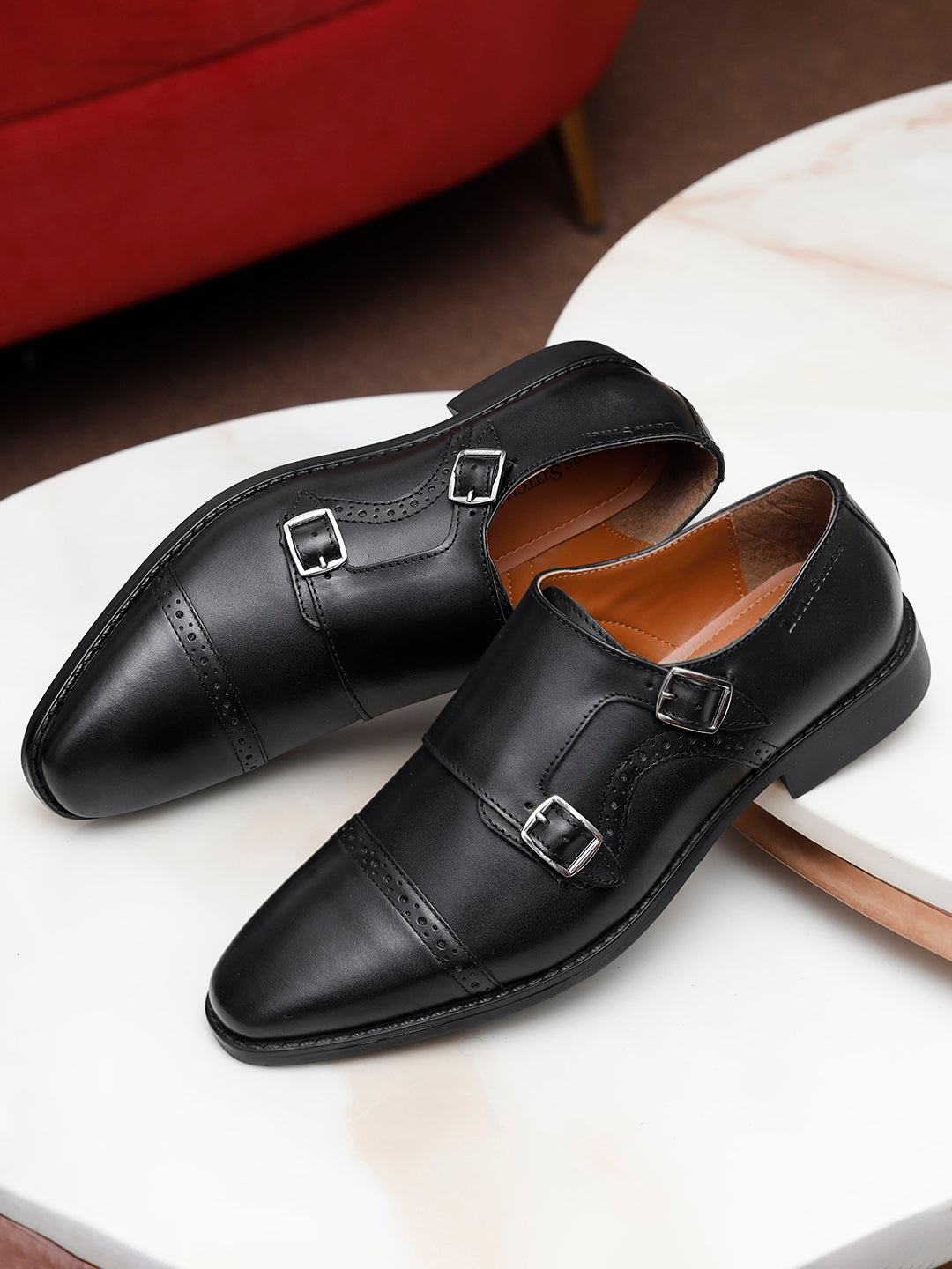 Jet Black Italian Leather Double Monk Strap Shoes