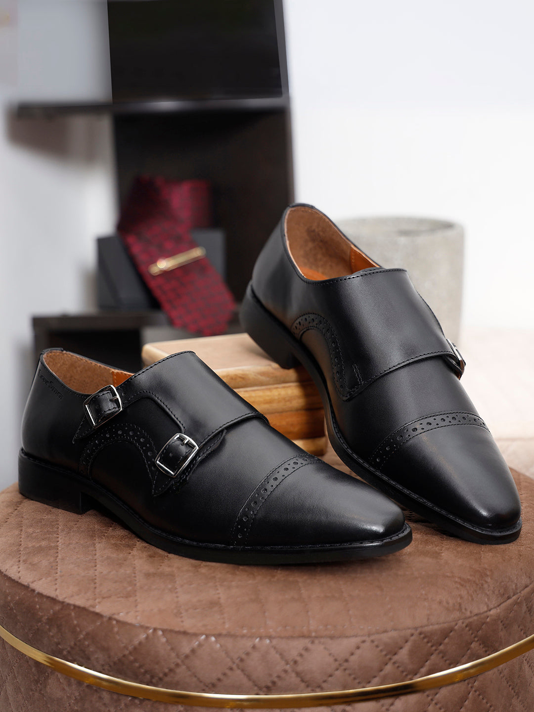 Jet Black Italian Leather Double Monk Strap Shoes