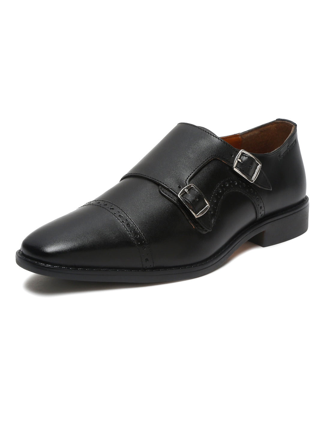 Jet Black Italian Leather Double Monk Strap Shoes