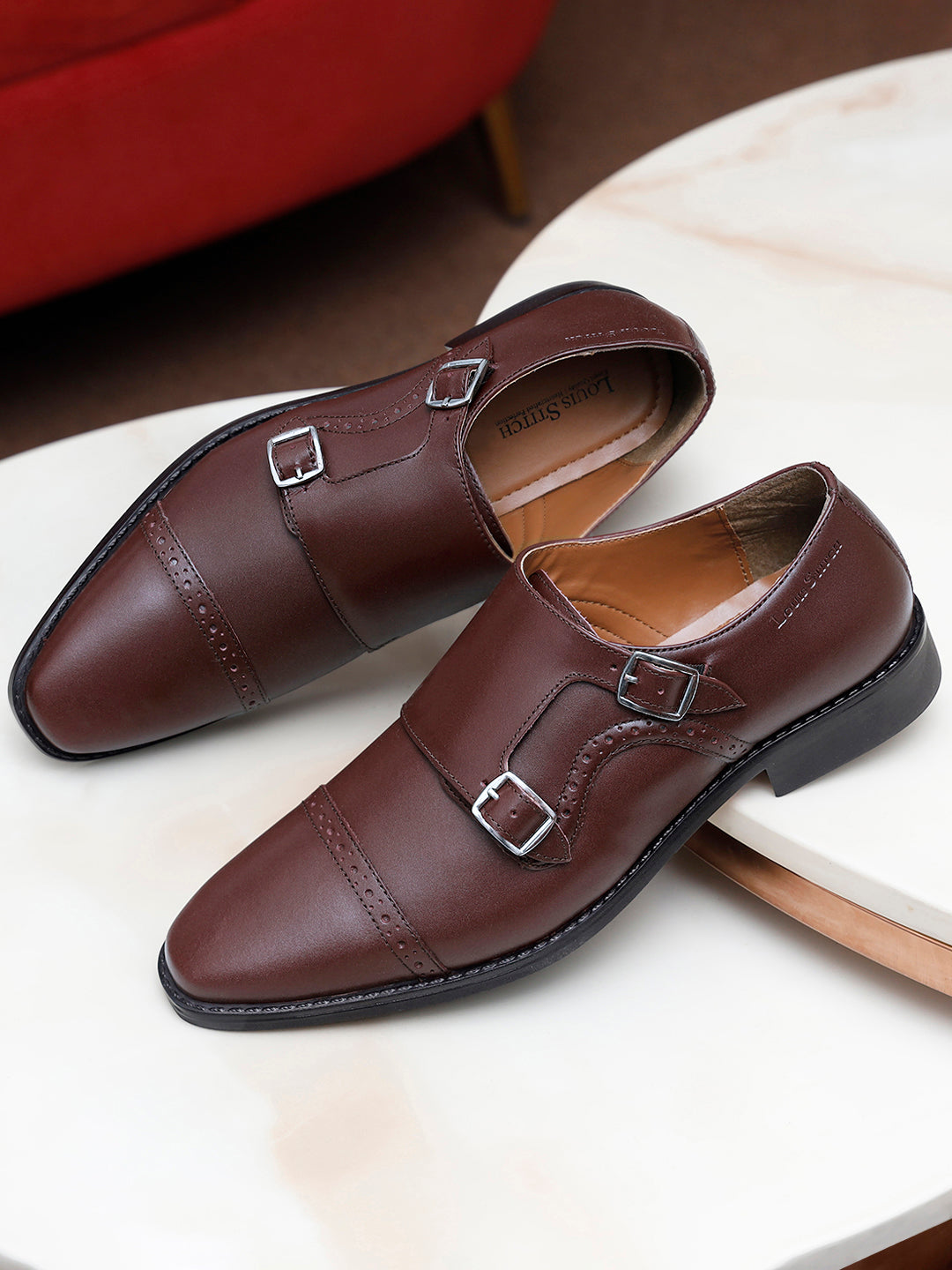 Rosewood Italian Leather Double Monk Strap Shoes