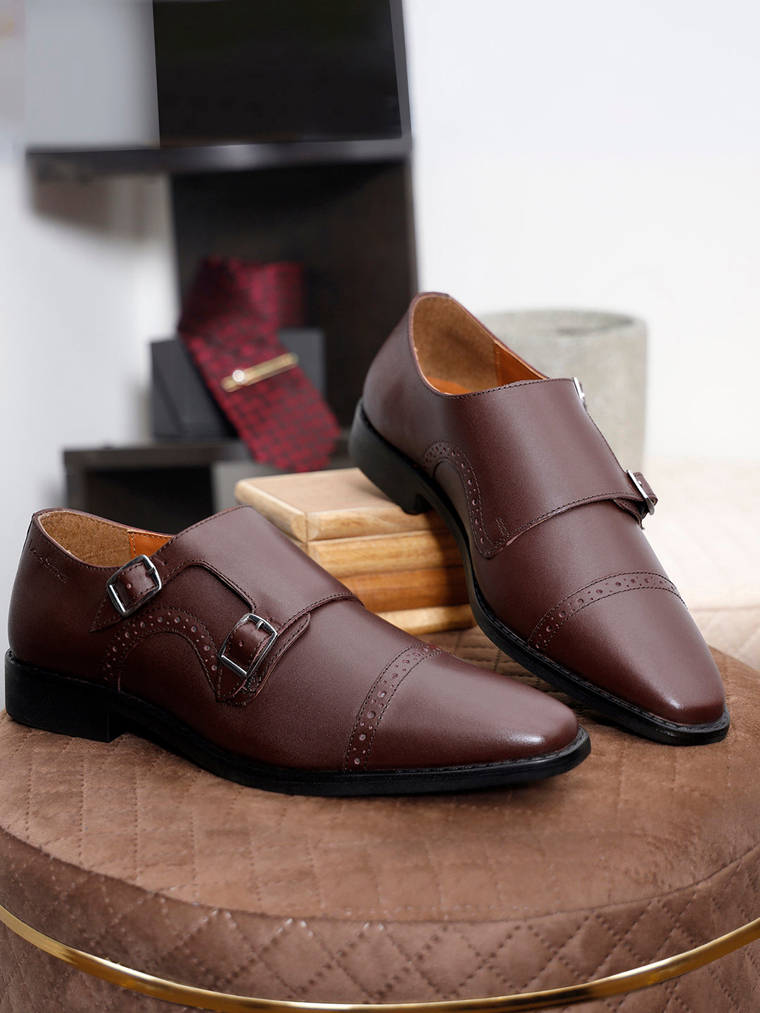 Rosewood Italian Leather Double Monk Strap Shoes