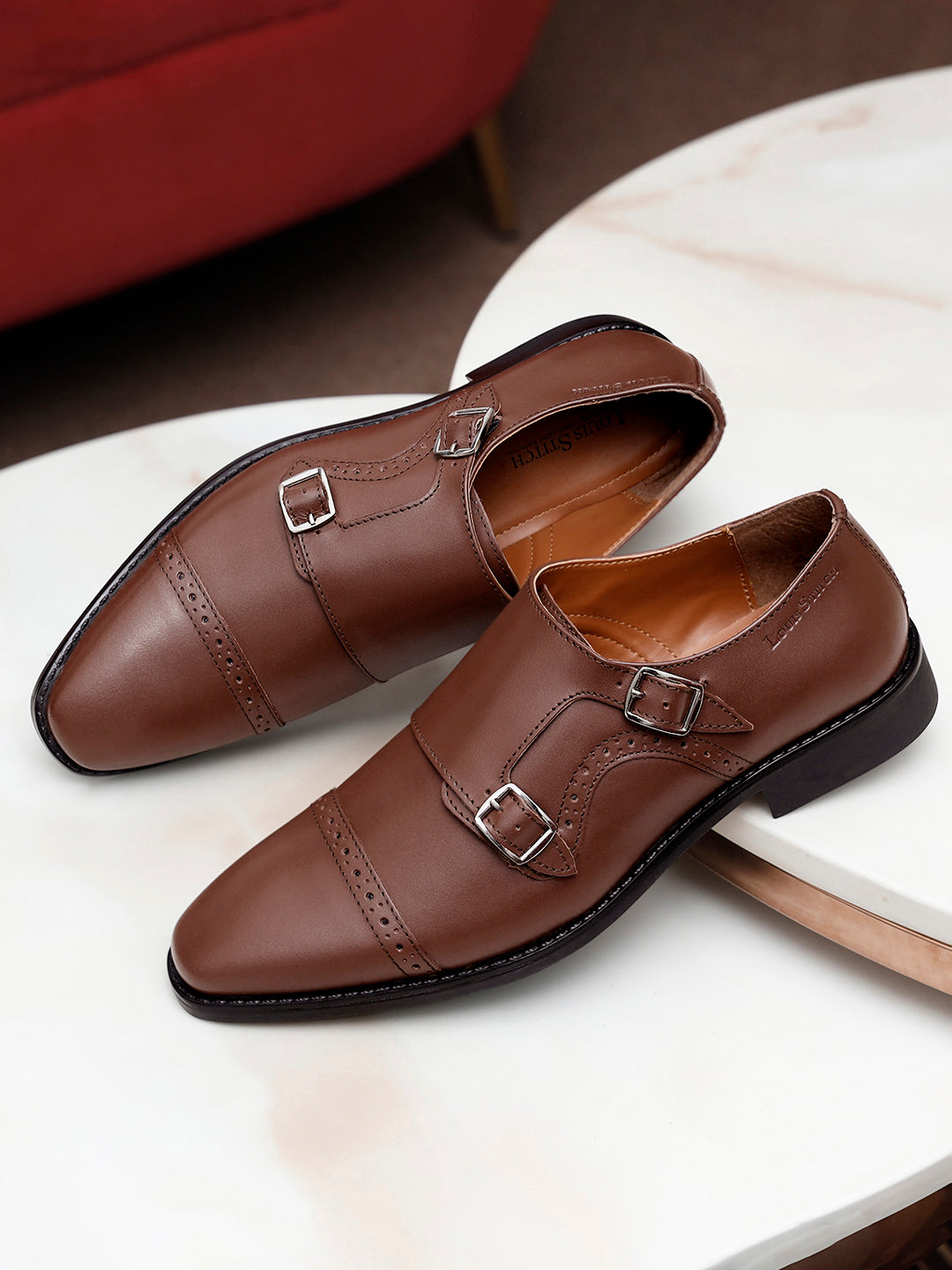 Ruseet Tan Italian Leather Double Monk Strap Shoes