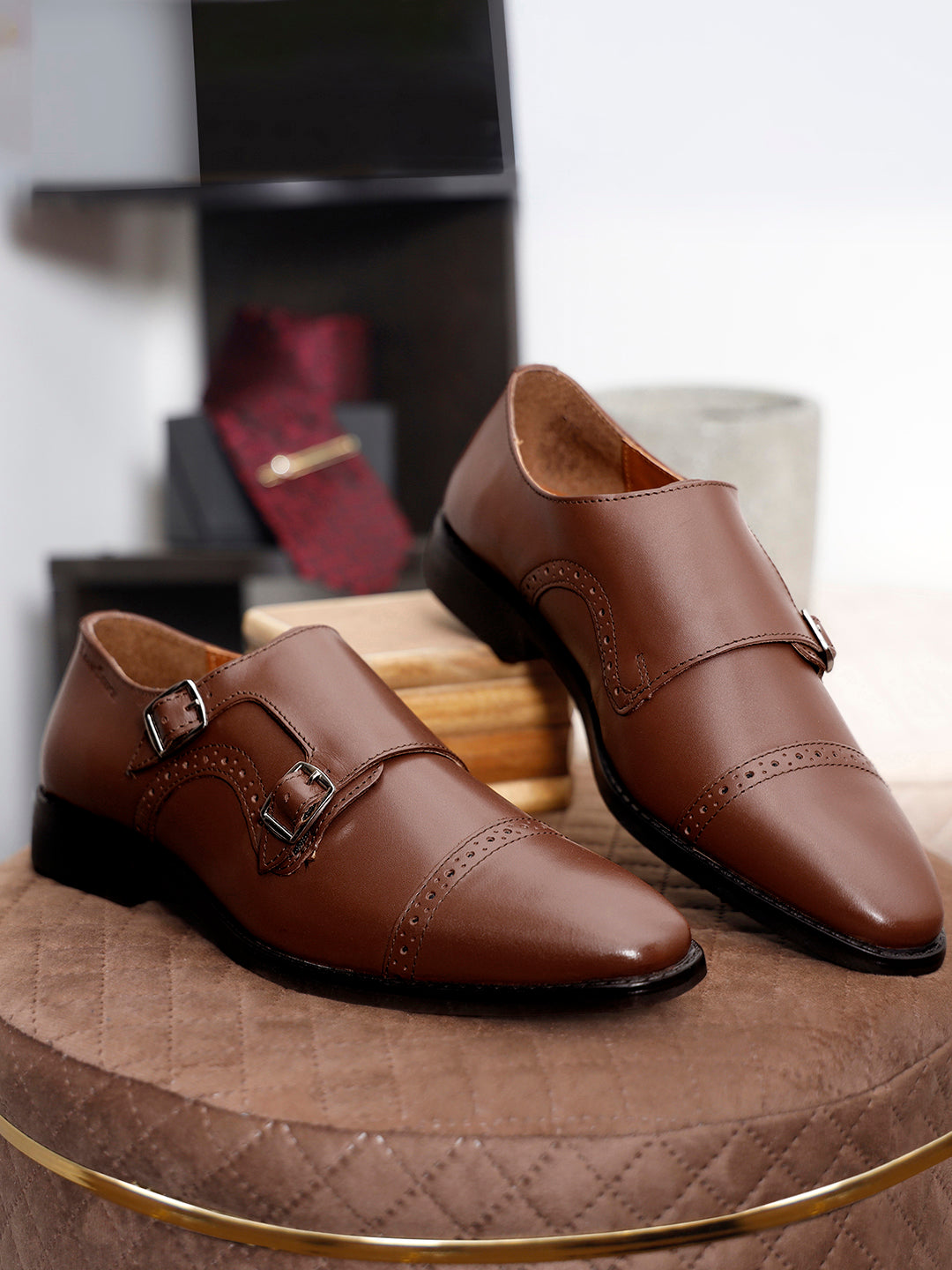 Ruseet Tan Italian Leather Double Monk Strap Shoes