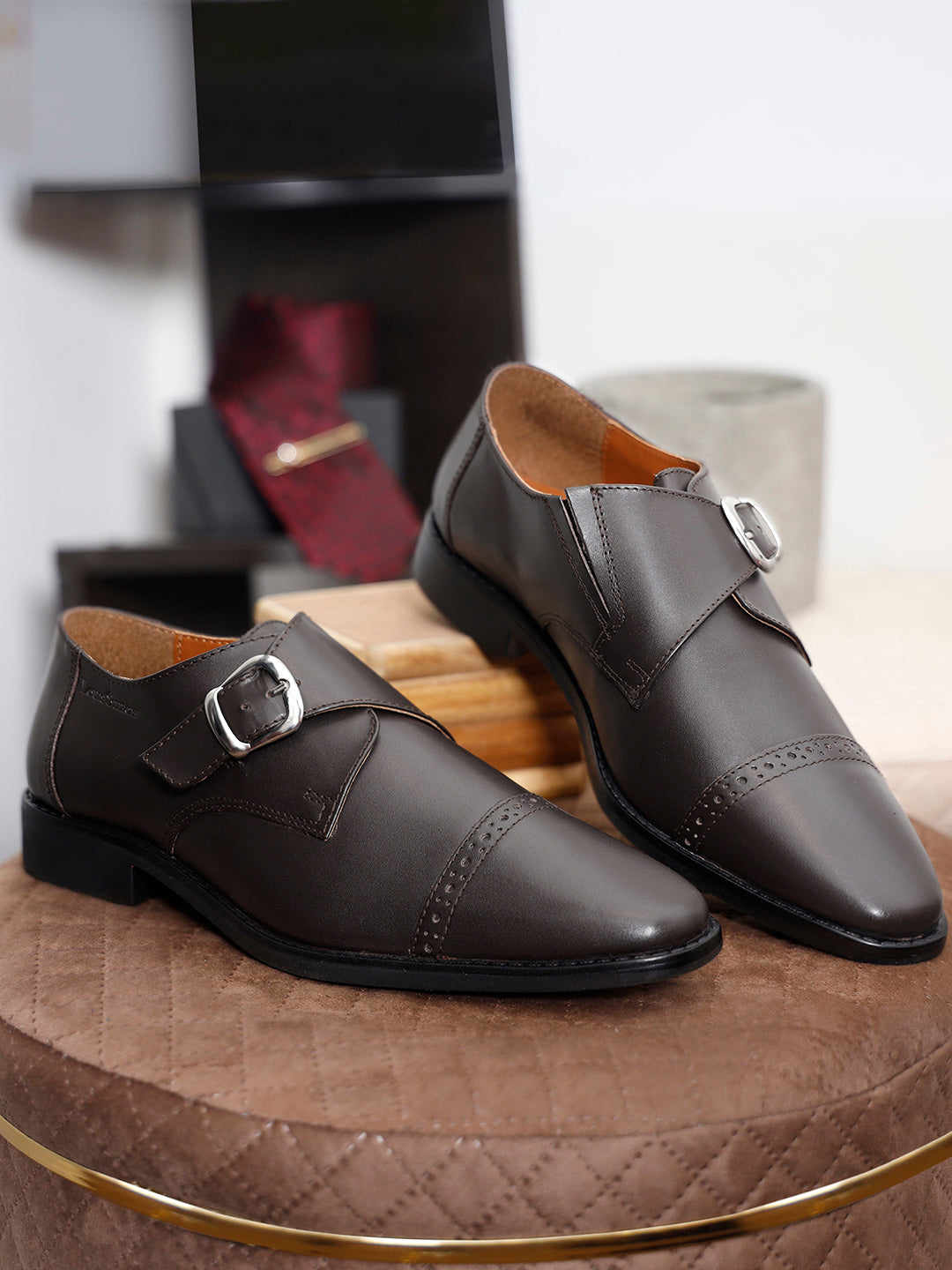 Brunette Brown Italian Leather Single Monk Strap Shoes