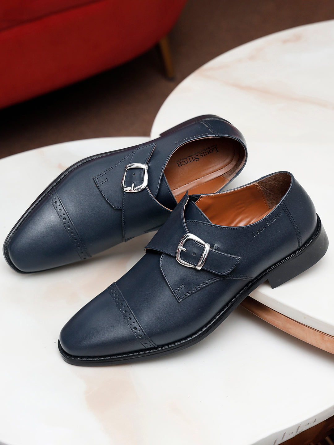 Prussian Blue Italian Leather Single Monk Strap Shoes