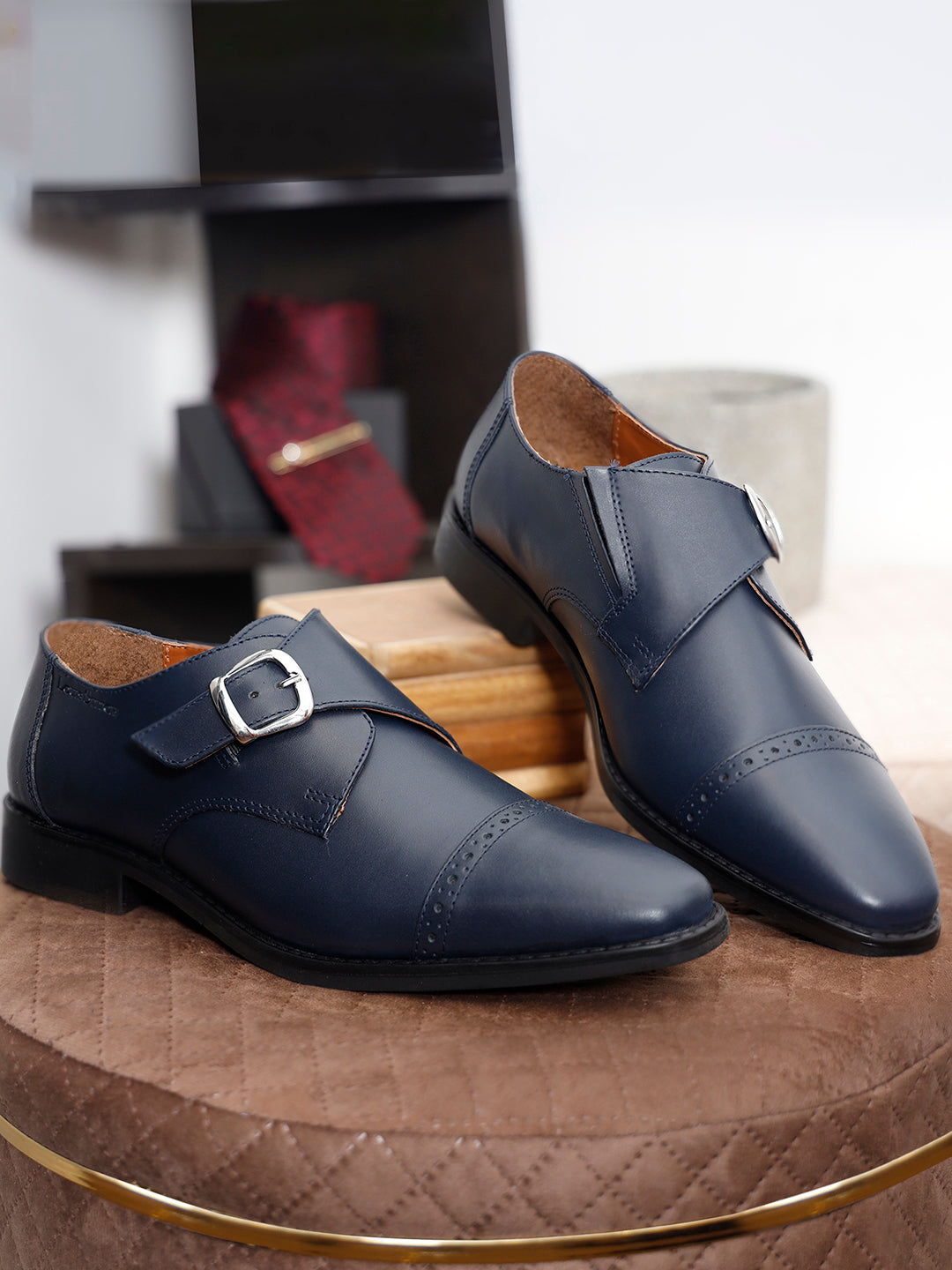 Prussian Blue Italian Leather Single Monk Strap Shoes