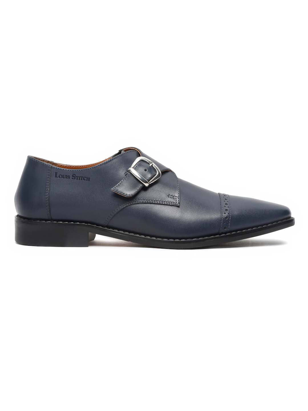 Prussian Blue Italian Leather Single Monk Strap Shoes