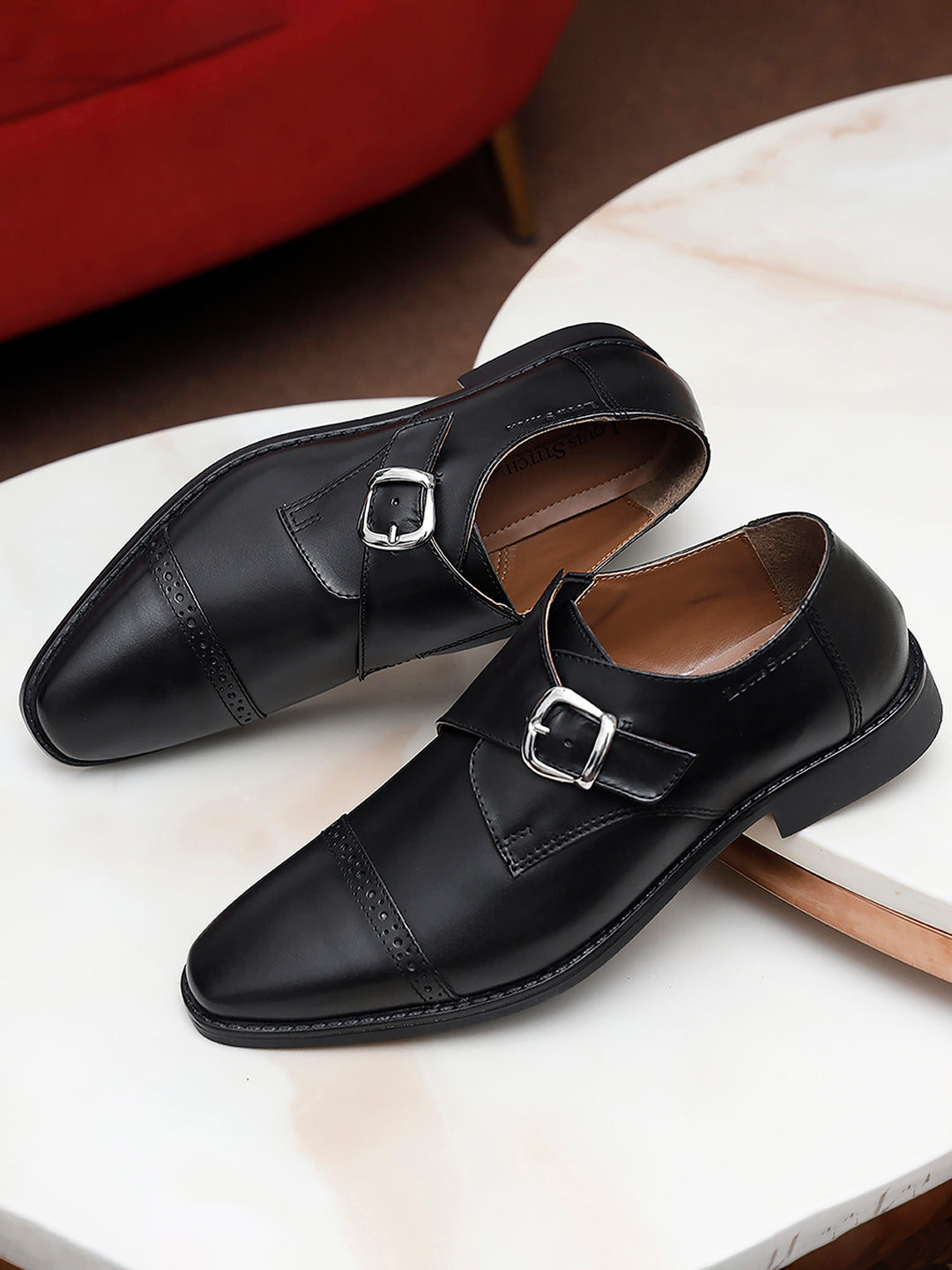 Jet Black Italian Leather Single Monk Strap Shoes