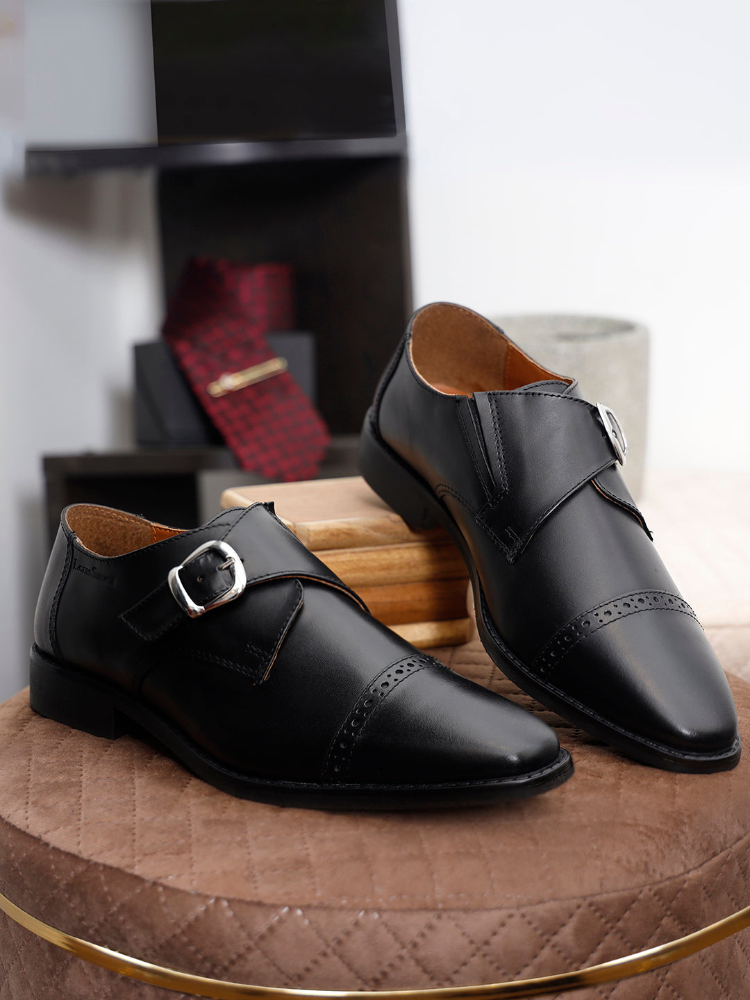 Jet Black Italian Leather Single Monk Strap Shoes