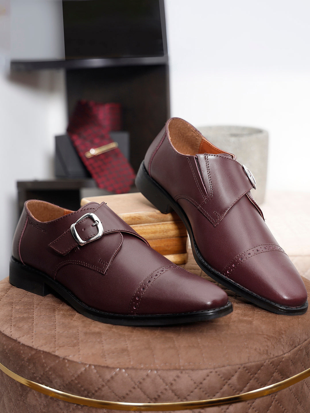 Rosewood Italian Leather Single Monk Strap Shoes