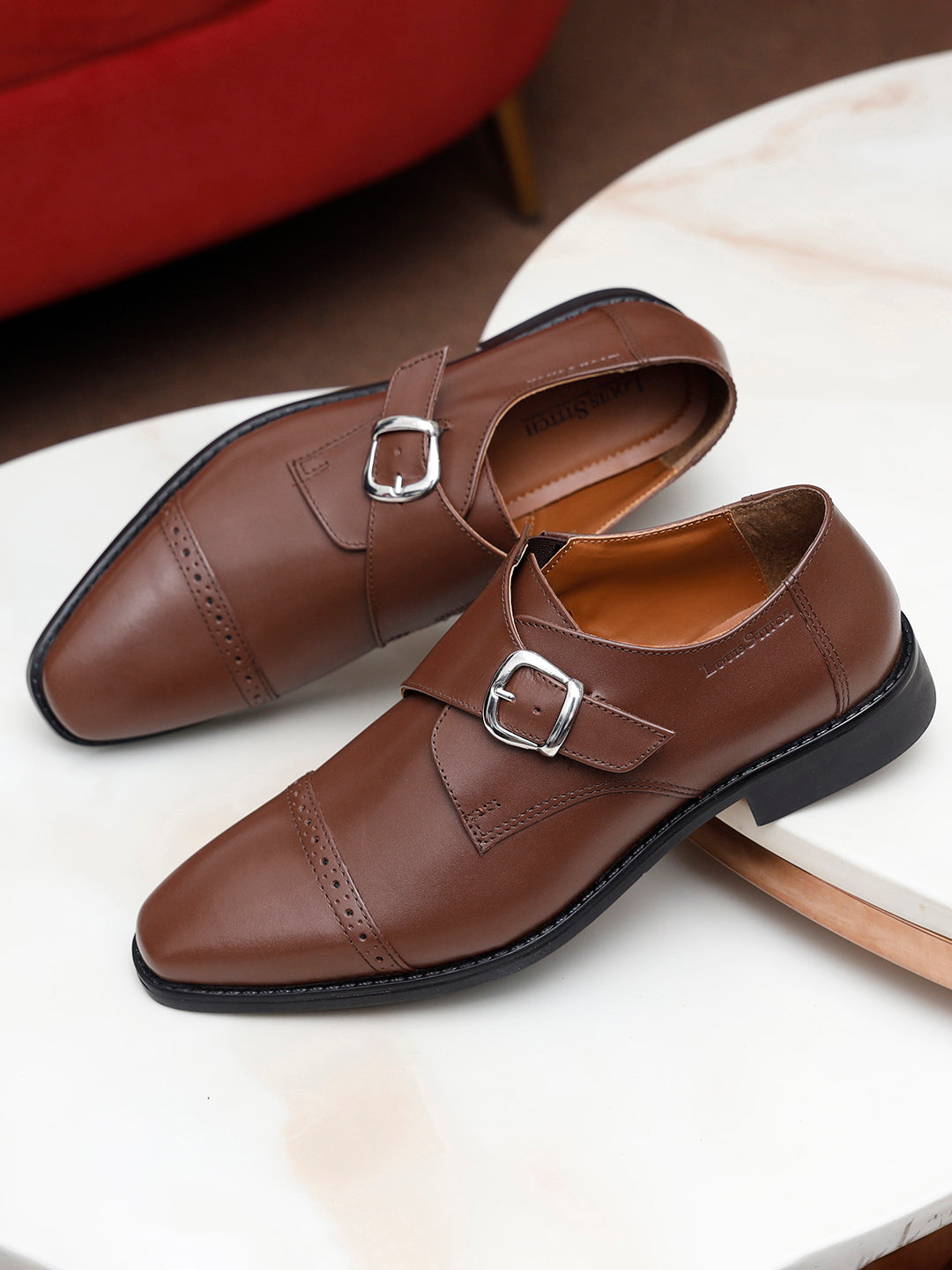 Tan Italian Leather Single Monk Strap Shoes
