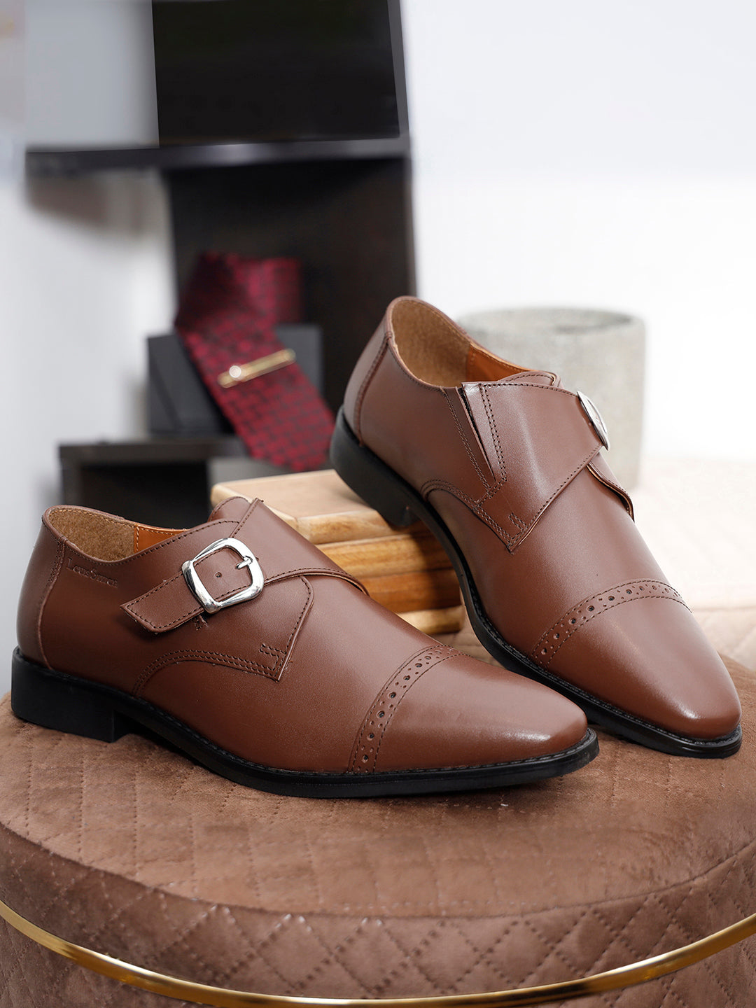 Tan Italian Leather Single Monk Strap Shoes