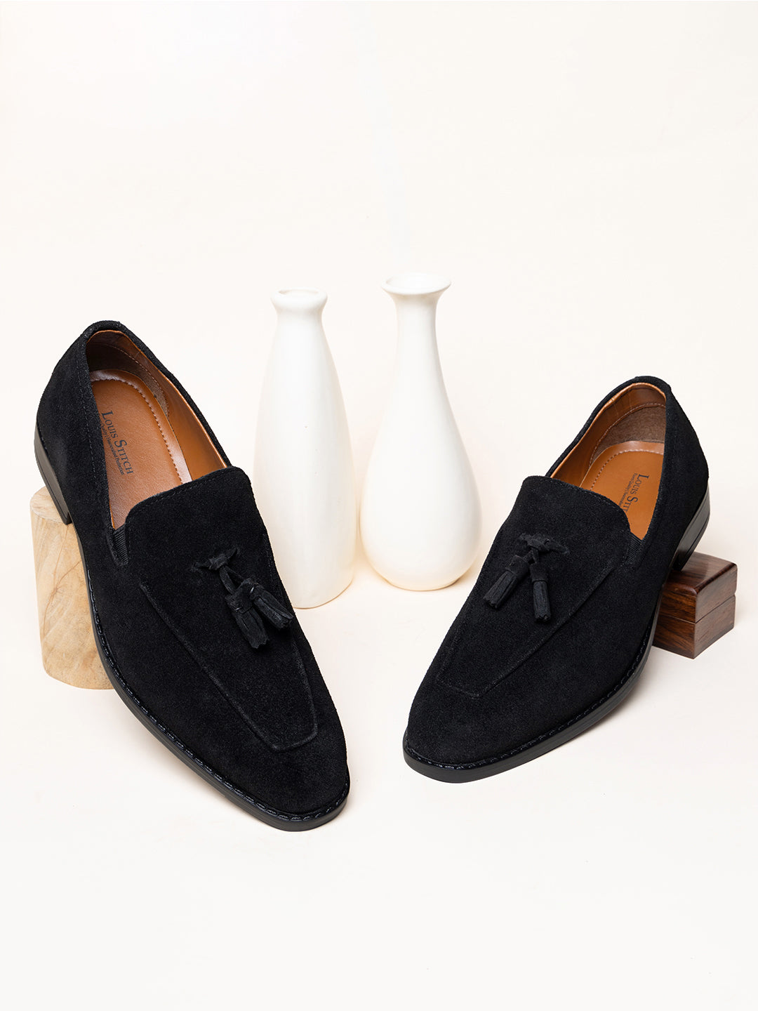 Jet Black Handcrafted Italian Suede Leather Tassel Moccasin Shoes