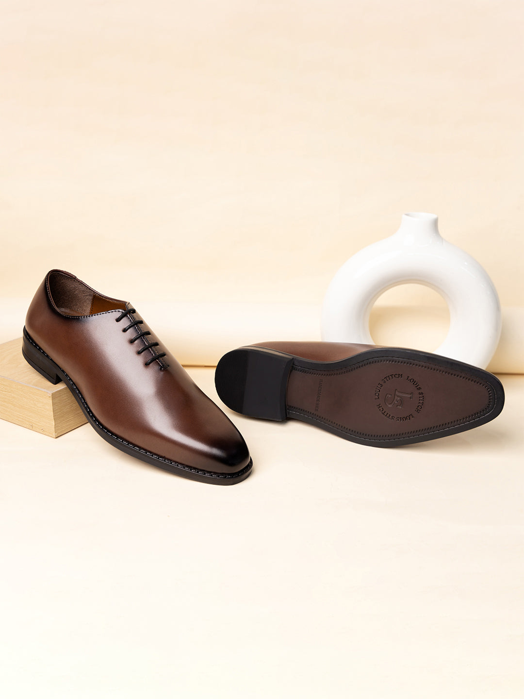 Tan Handcrafted Lace-Up Wholecut Derby Shoe