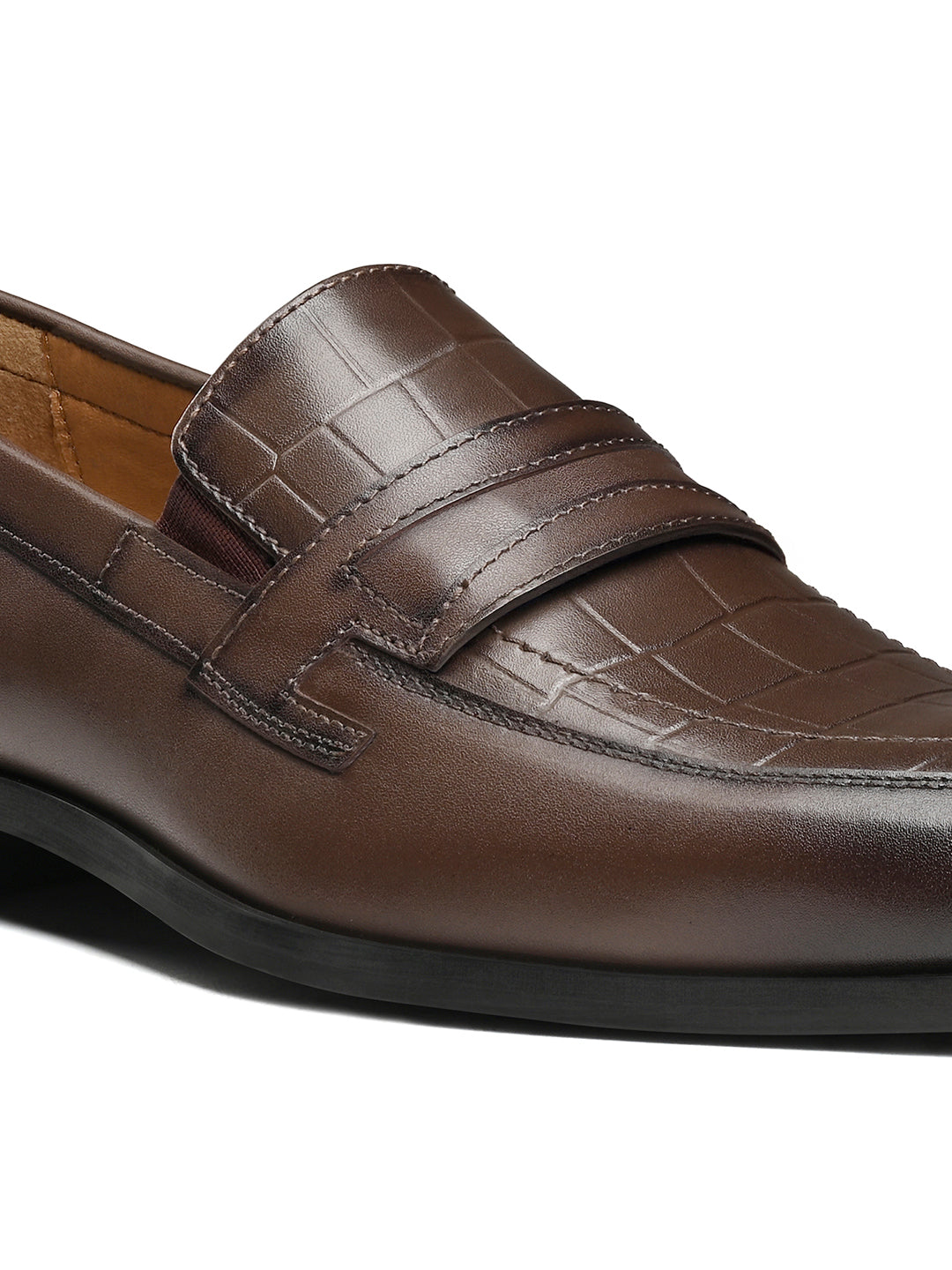 Brunette Brown Italian Crust Leather Formal Croco Texture Moccasin