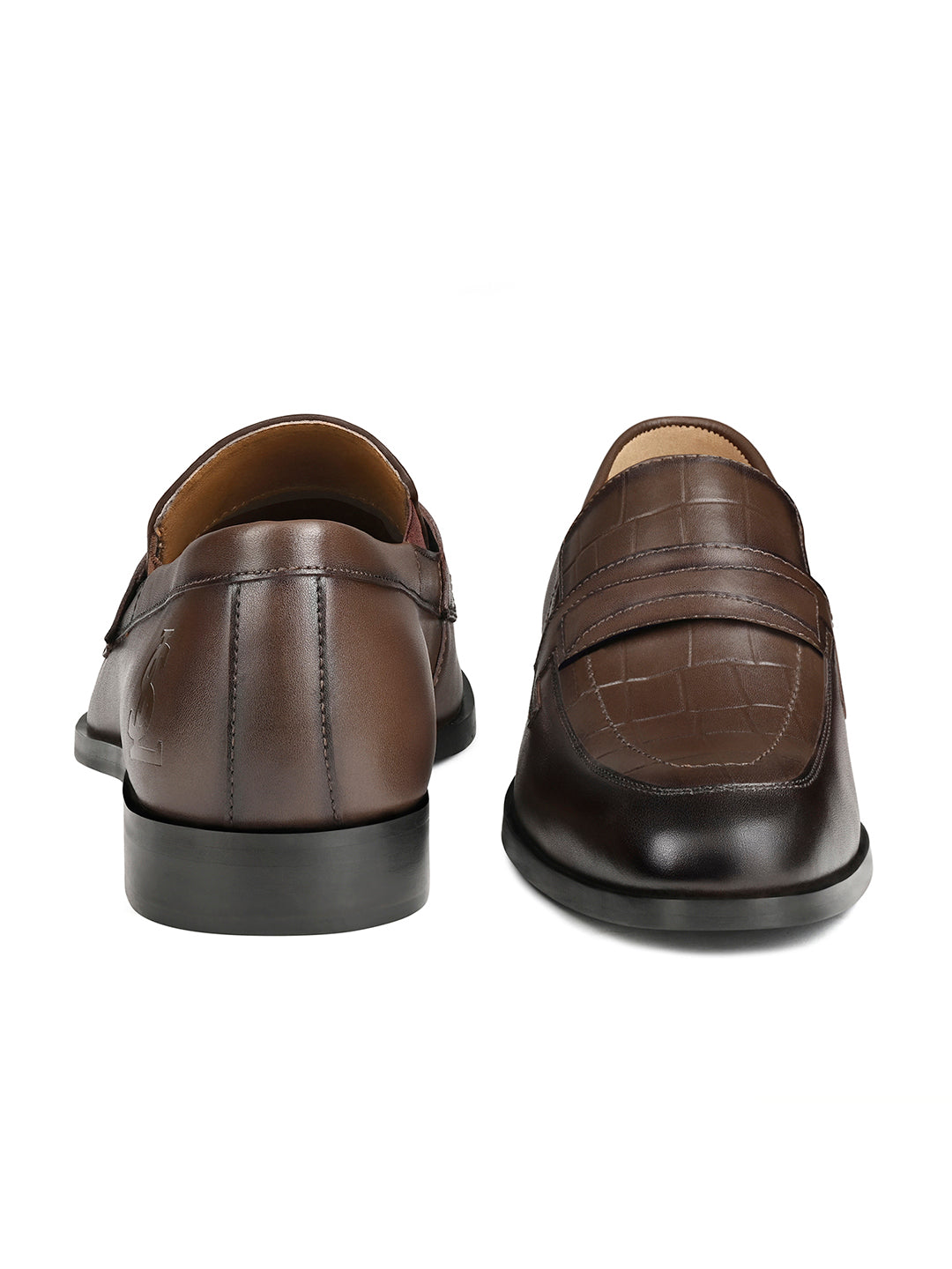 Brunette Brown Italian Crust Leather Formal Croco Texture Moccasin