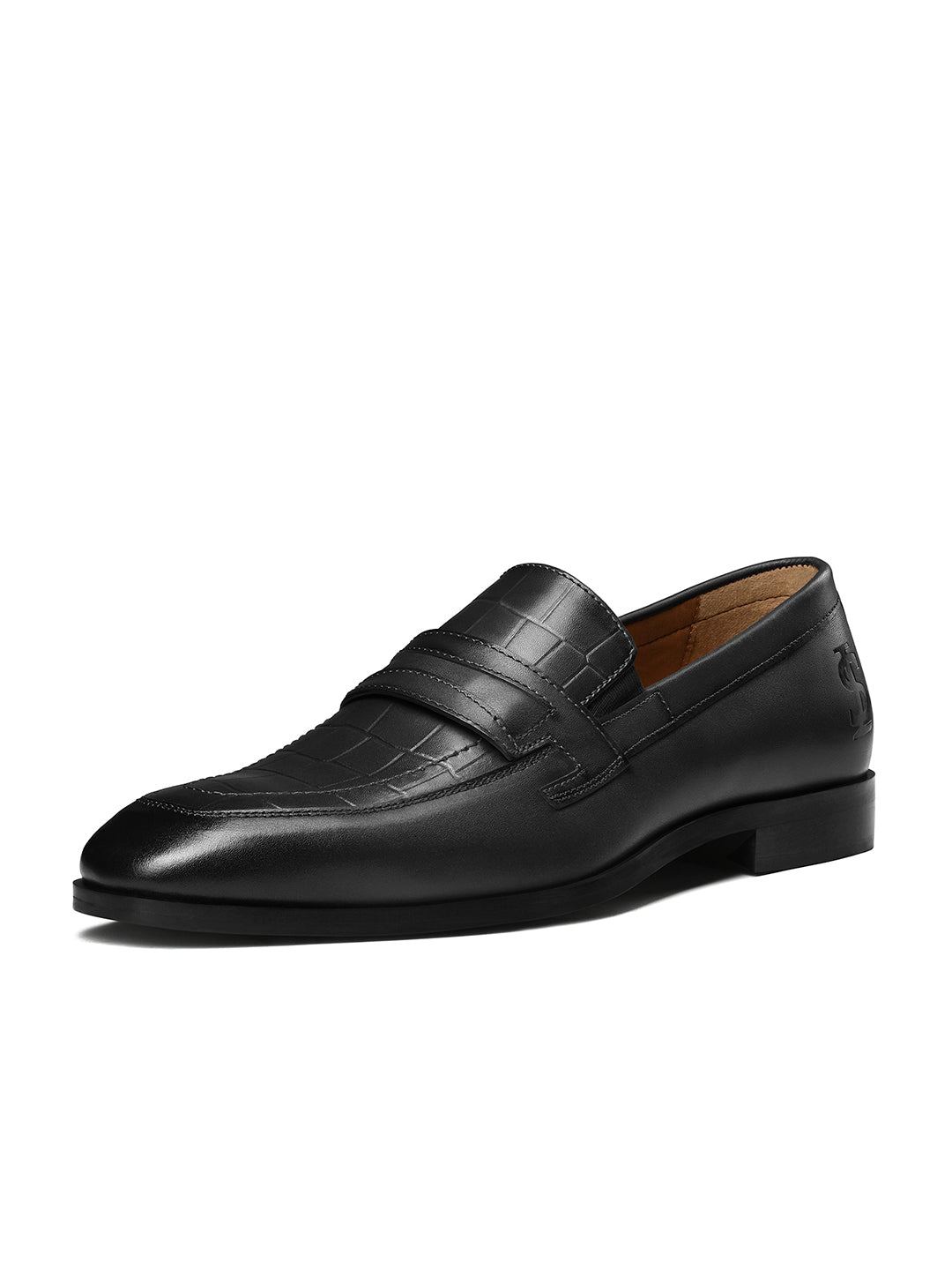 Jet Black Italian Crust Leather Formal Croco Texture Moccasin