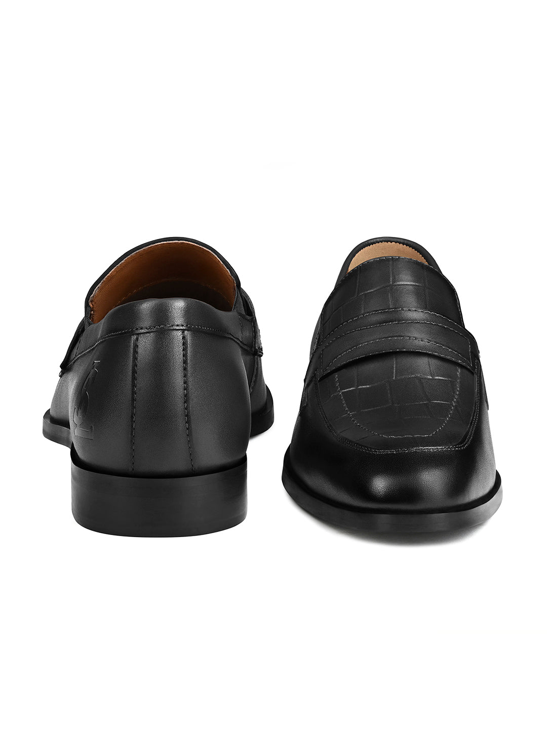 Jet Black Italian Crust Leather Formal Croco Texture Moccasin