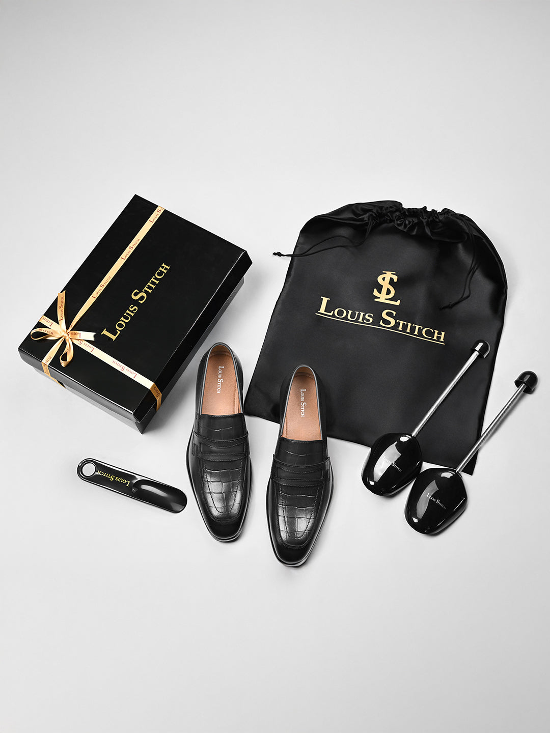 Jet Black Italian Crust Leather Formal Croco Texture Moccasin