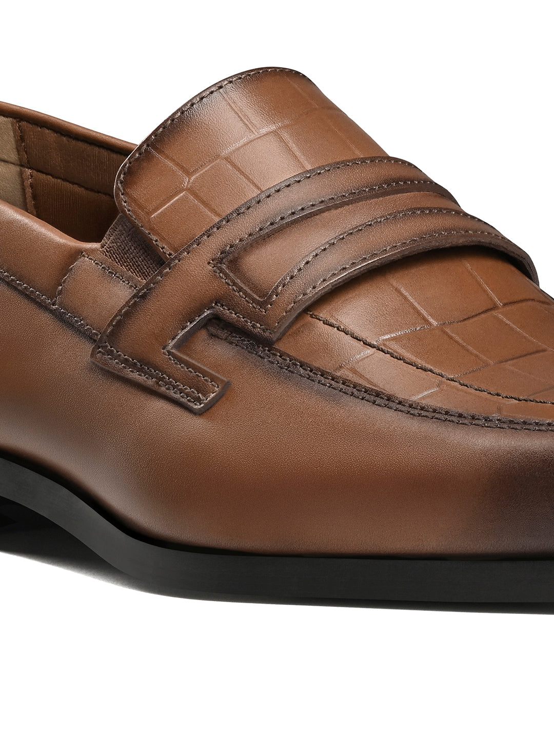 Russet Tan Italian Crust Leather Formal Croco Texture Moccasin