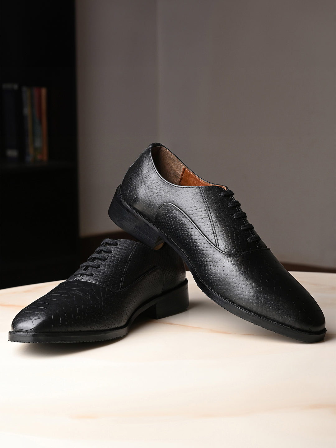 Jet Black Egyptian Crust Leather Derby Style Comfortable Laceup Shoes